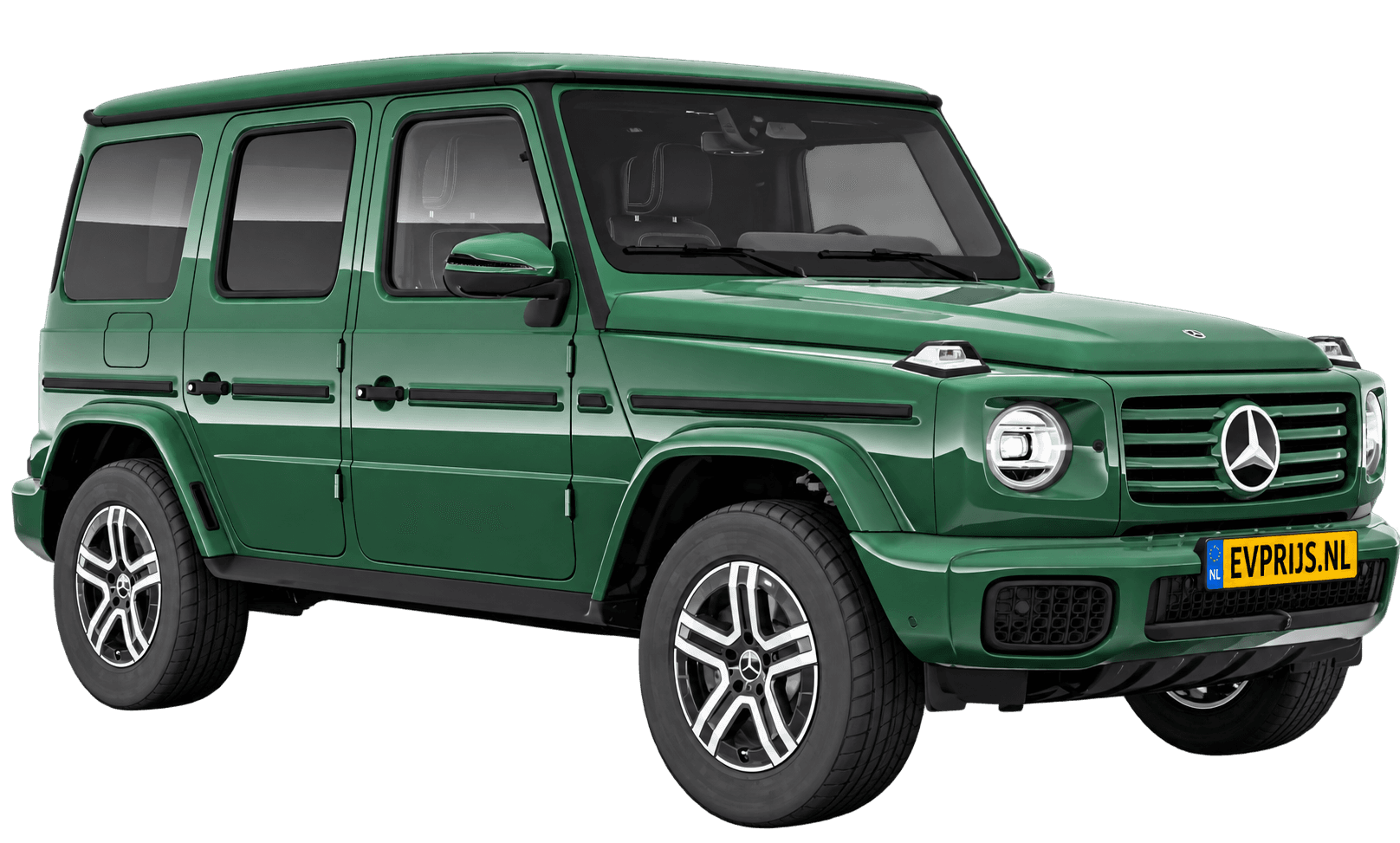 AI-bewerking (Imagegen) van officieel Mercedes-Benz-configuratorbeeld: G-Klasse Terreinwagen voor-/zijaanzicht in Donkergroen (configuratie Mercedes-Benz G 580 electric); uitvoering en velgen kunnen afwijken, beeld 28