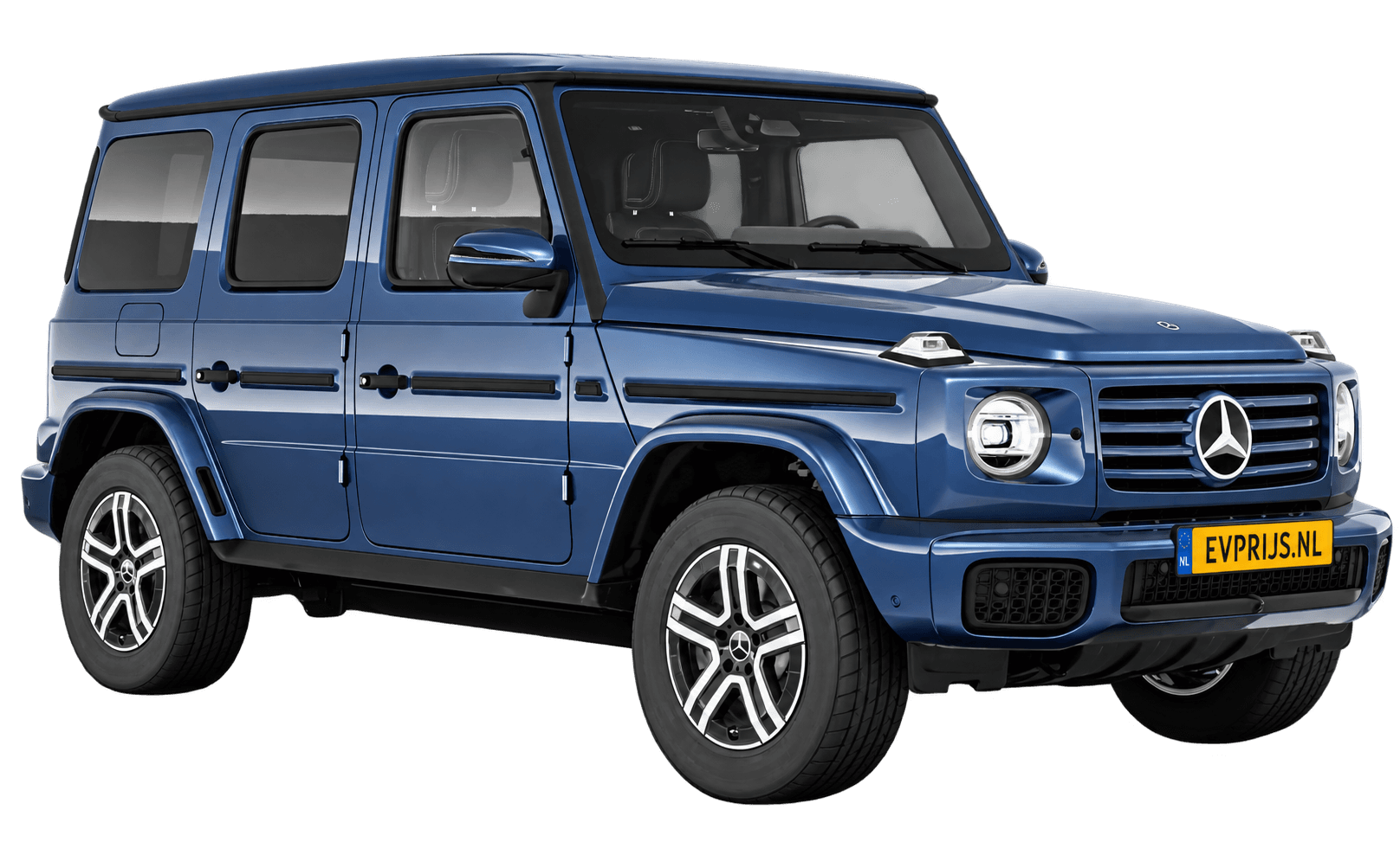 AI-bewerking (Imagegen) van officieel Mercedes-Benz-configuratorbeeld: G-Klasse Terreinwagen voor-/zijaanzicht in Sodalietblauw (configuratie Mercedes-Benz G 580 electric); uitvoering en velgen kunnen afwijken; kleurverzadiging kan afwijken, beeld 29