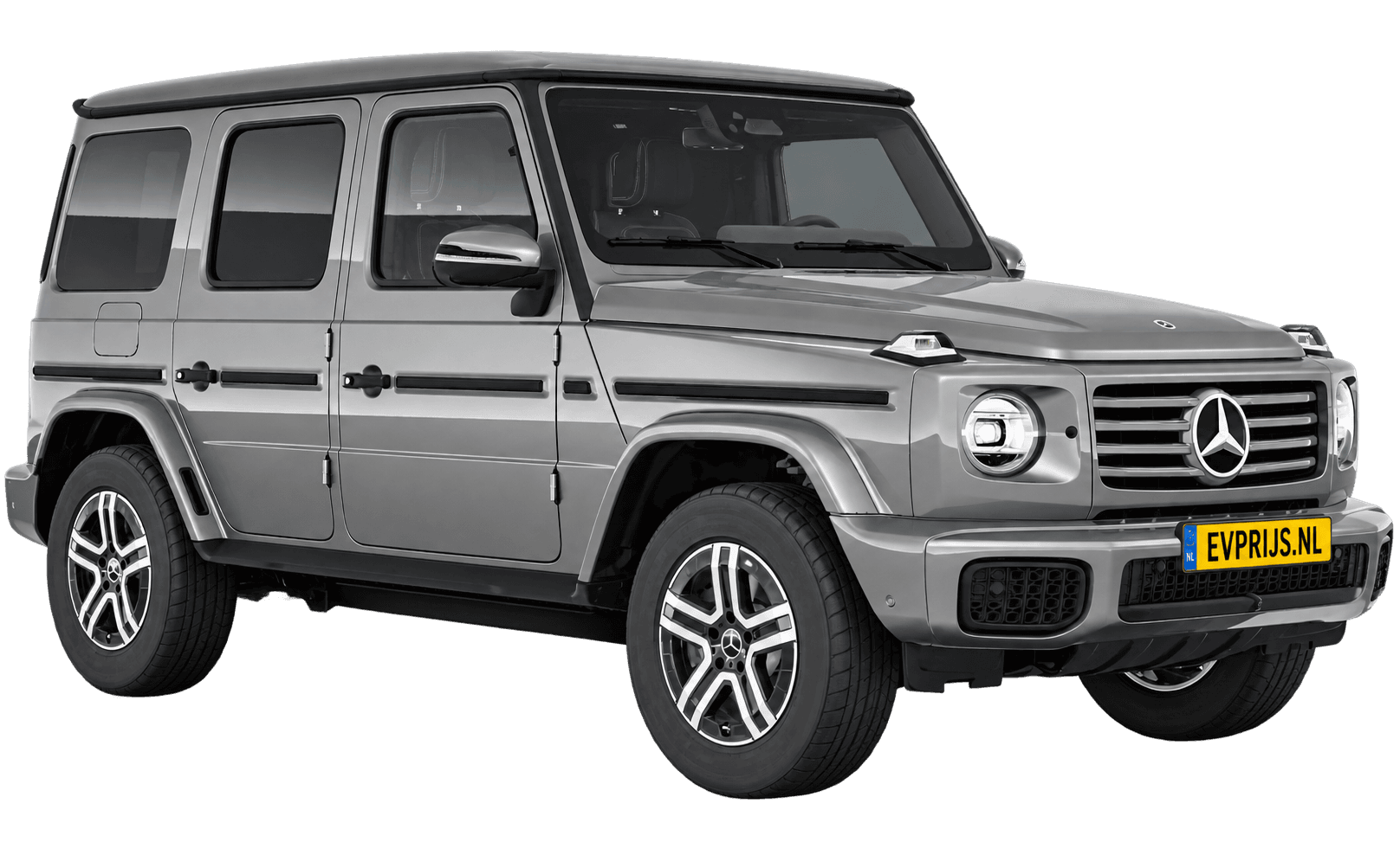 AI-bewerking (Imagegen) van officieel Mercedes-Benz-configuratorbeeld: G-Klasse Terreinwagen voor-/zijaanzicht in Mojavezilver (configuratie Mercedes-Benz G 580 electric); uitvoering en velgen kunnen afwijken, beeld 30