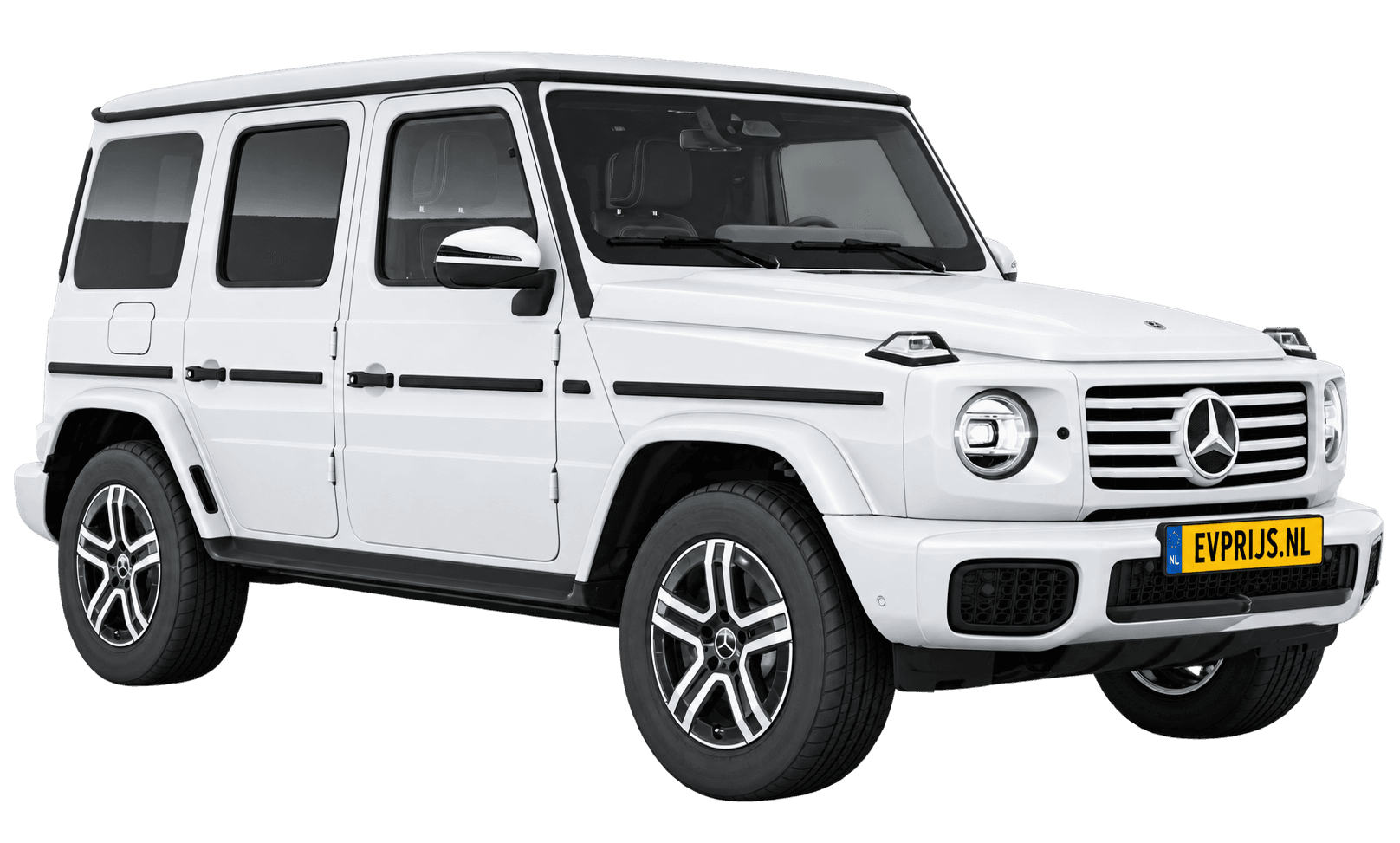 AI-bewerking (Imagegen) van officieel Mercedes-Benz-configuratorbeeld: G-Klasse Terreinwagen voor-/zijaanzicht in Opalietwit bright (configuratie Mercedes-Benz G 580 electric); uitvoering en velgen kunnen afwijken, beeld 31