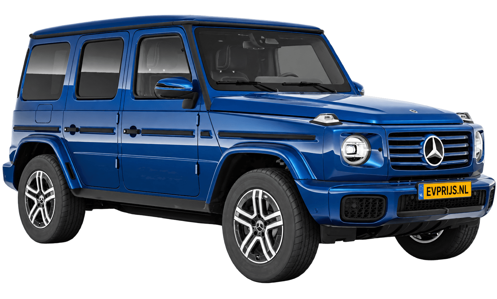 AI-bewerking (Imagegen) van officieel Mercedes-Benz-configuratorbeeld: G-Klasse Terreinwagen voor-/zijaanzicht in Briljantblauw (configuratie Mercedes-Benz G 580 electric); uitvoering en velgen kunnen afwijken; kleurverzadiging kan afwijken, beeld 32