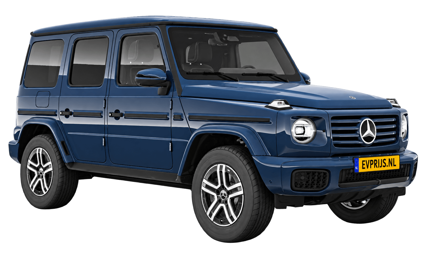 AI-bewerking (Imagegen) van officieel Mercedes-Benz-configuratorbeeld: G-Klasse Terreinwagen voor-/zijaanzicht in Donkerblauw (configuratie Mercedes-Benz G 580 electric); uitvoering en velgen kunnen afwijken, beeld 33