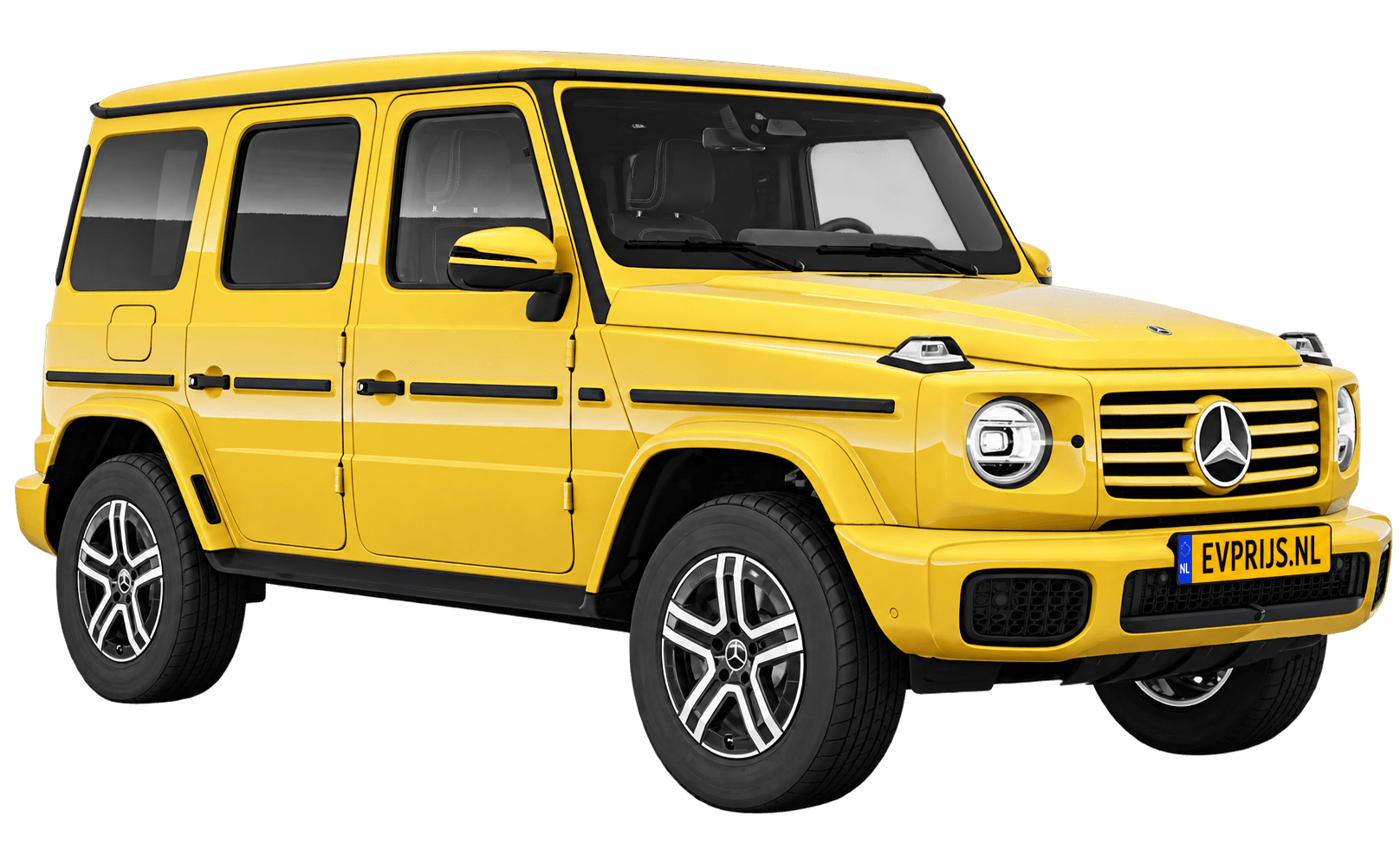 AI-bewerking (Imagegen) van officieel Mercedes-Benz-configuratorbeeld: G-Klasse Terreinwagen voor-/zijaanzicht in Zonnegeel (configuratie Mercedes-Benz G 580 electric); uitvoering en velgen kunnen afwijken; kleurverzadiging kan afwijken, beeld 34