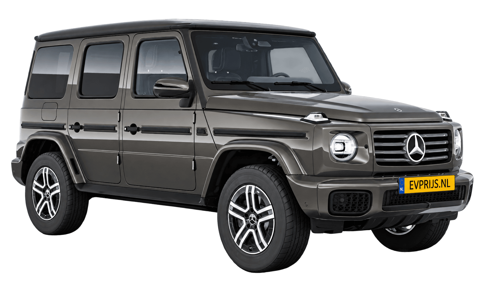 AI-bewerking (Imagegen) van officieel Mercedes-Benz-configuratorbeeld: G-Klasse Terreinwagen voor-/zijaanzicht in Indiumgrijs (configuratie Mercedes-Benz G 580 electric); uitvoering en velgen kunnen afwijken, beeld 36