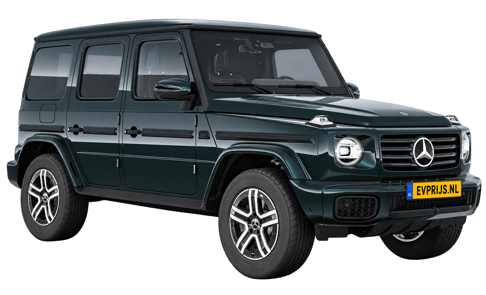 AI-bewerking (Imagegen) van officieel Mercedes-Benz-configuratorbeeld: G-Klasse Terreinwagen voor-/zijaanzicht in Smaragdgroen (configuratie Mercedes-Benz G 580 electric); uitvoering en velgen kunnen afwijken, beeld 37