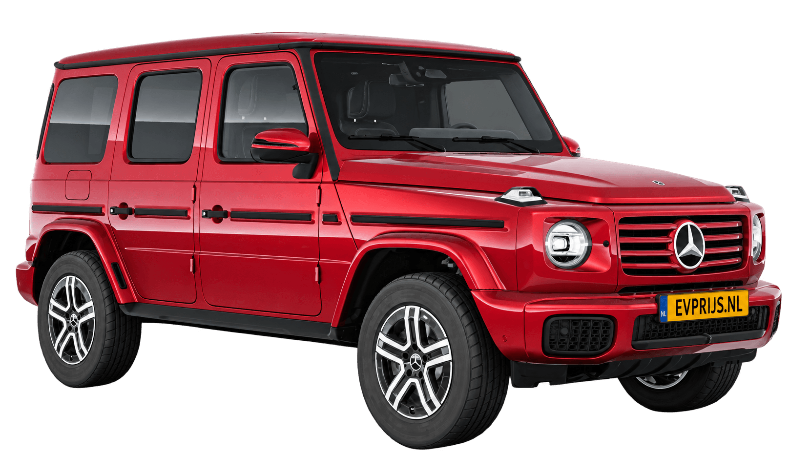 AI-bewerking (Imagegen) van officieel Mercedes-Benz-configuratorbeeld: G-Klasse Terreinwagen voor-/zijaanzicht in Hyacintrood (configuratie Mercedes-Benz G 580 electric); uitvoering en velgen kunnen afwijken; kleurverzadiging kan afwijken, beeld 39
