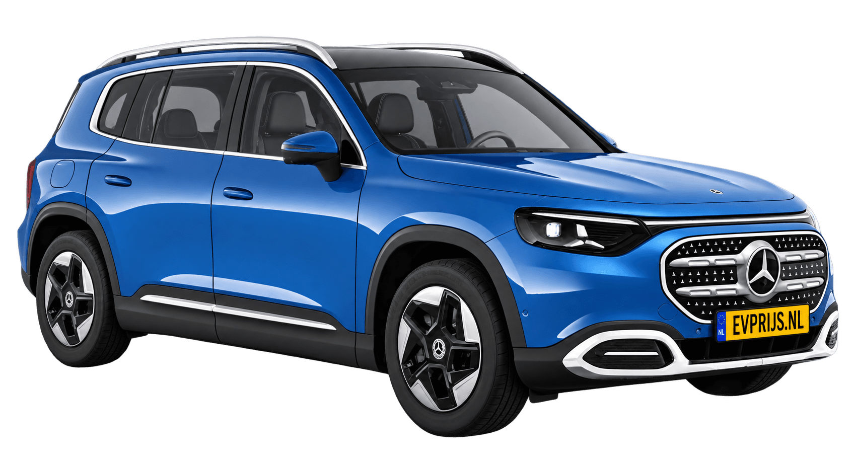 AI-bewerking (Imagegen) van officieel Mercedes-Benz-configuratorbeeld: GLB voor-/zijaanzicht in Helderblauw (configuratie GLB 200 Business Solution electric); uitvoering en velgen kunnen afwijken; kleurverzadiging kan afwijken, beeld 6