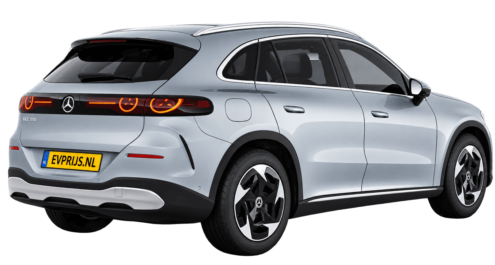 AI-bewerking (Imagegen) van officieel Mercedes-Benz-configuratorbeeld: GLC achter-/zijaanzicht in Hightech zilver (configuratie GLC 250 Business Solution electric); uitvoering en velgen kunnen afwijken, beeld 2