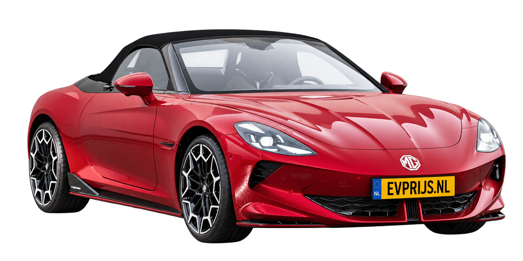 AI-bewerking (Imagegen) van officieel MG-beeld: Cyberster voor-/zijaanzicht in Diamond Red (configuratorbeeld Trophy met zwarte kap); uitvoering en velgen kunnen afwijken, beeld 6