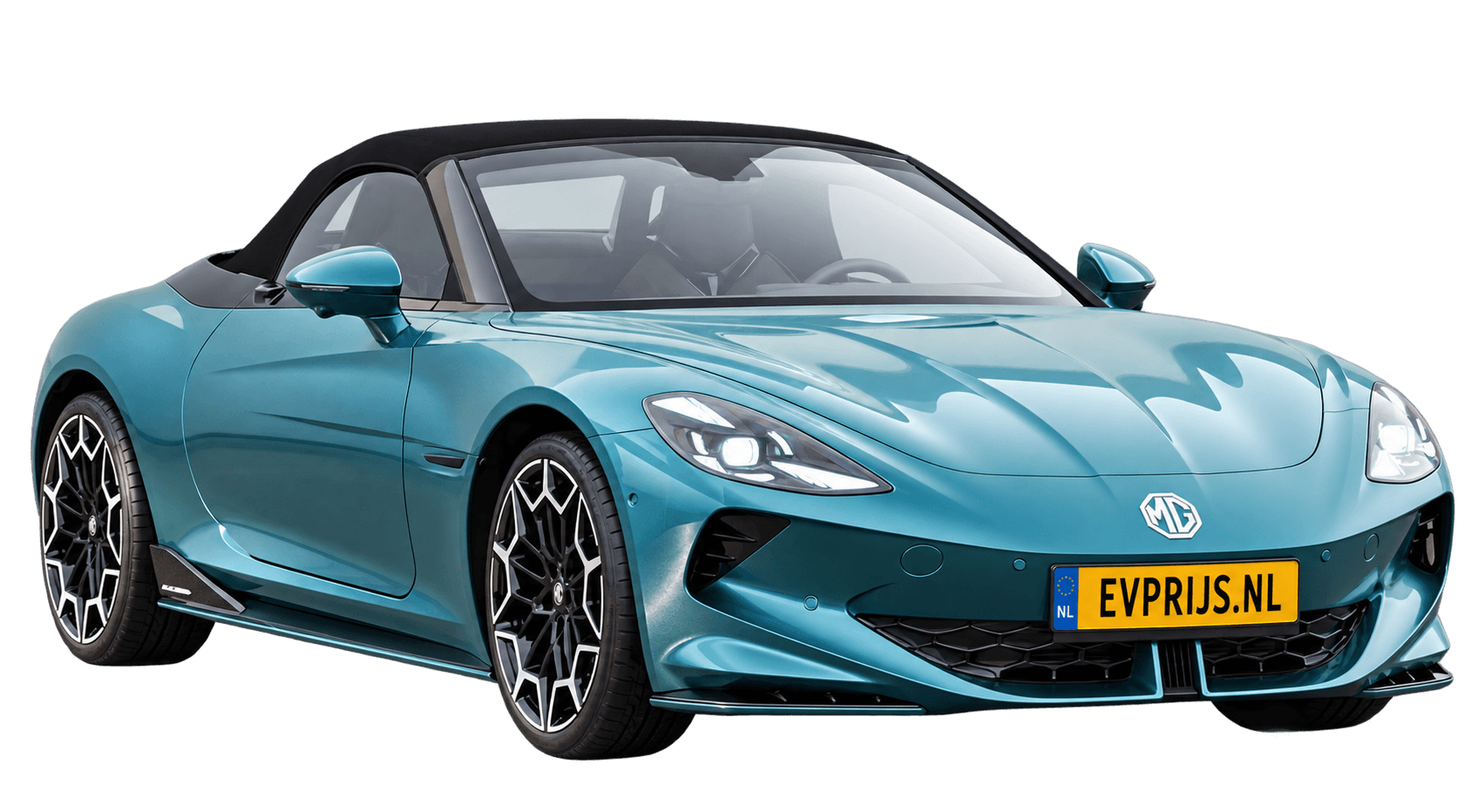 AI-bewerking (Imagegen) van officieel MG-beeld: Cyberster voor-/zijaanzicht in Mystic Teal (configuratorbeeld Trophy met zwarte kap); uitvoering en velgen kunnen afwijken, beeld 5