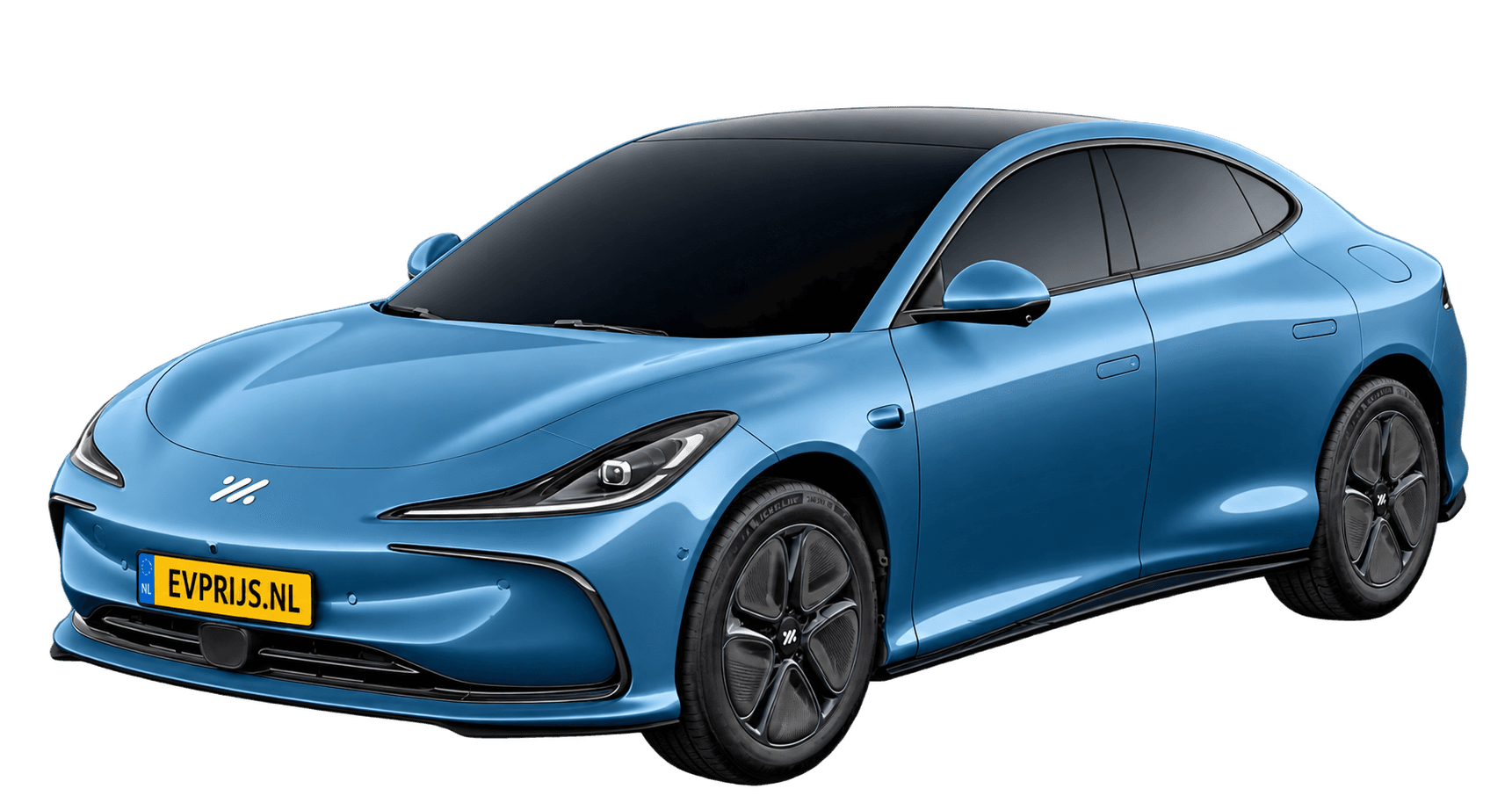 AI-bewerking (Imagegen) van officieel MG-beeld: IM5 voor-/zijaanzicht in Nevis Blue (configuratorbeeld 75/100 kWh RWD); uitvoering en velgen kunnen afwijken, beeld 4