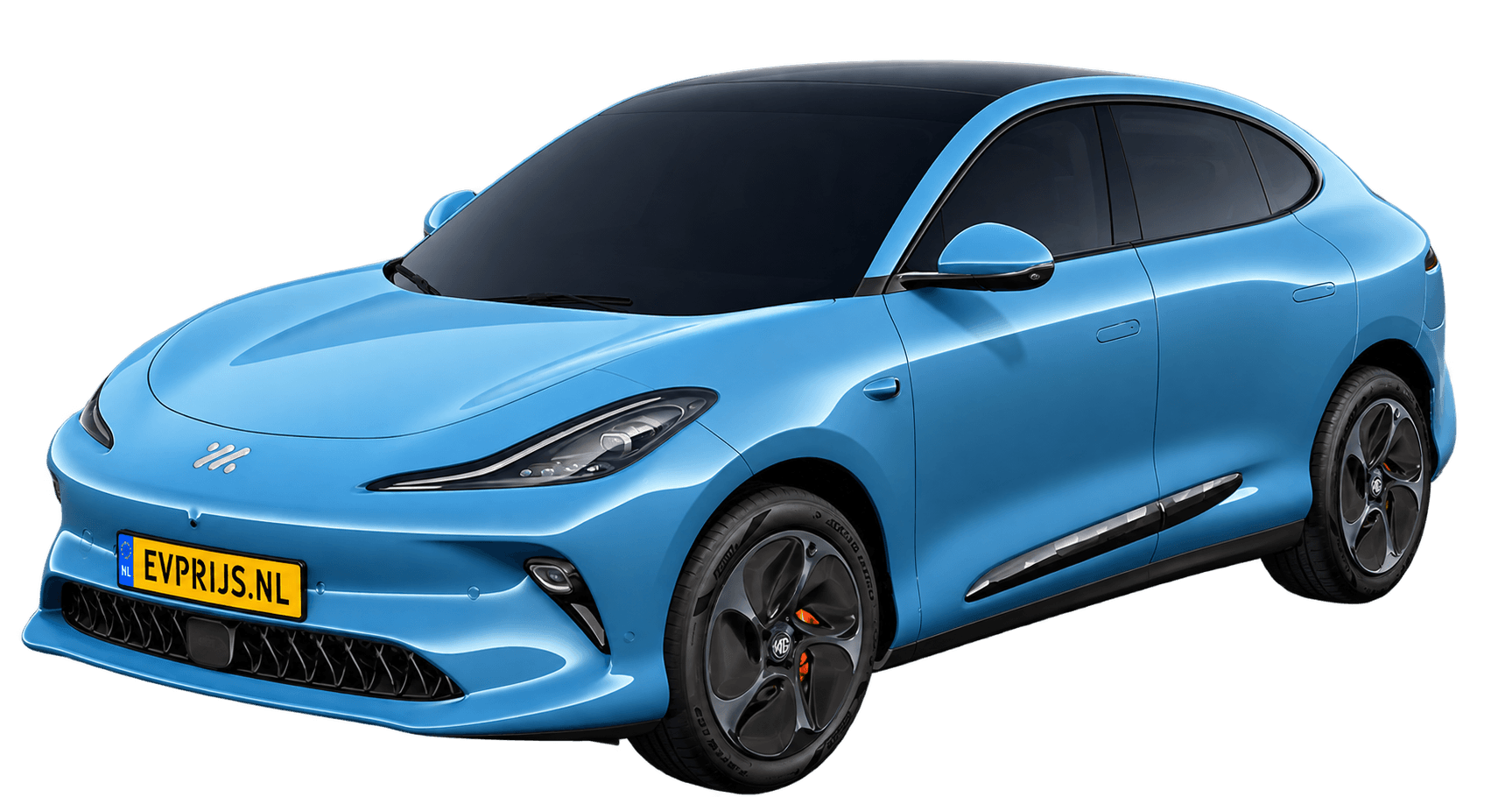 AI-bewerking (Imagegen) van officieel MG-beeld: IM6 voor-/zijaanzicht in Nevis Blue (configuratorbeeld 75/100 kWh RWD met 20-inch Aero-velgen); uitvoering en velgen kunnen afwijken, beeld 4