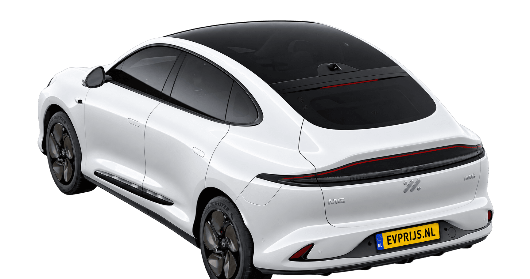 AI-bewerking (Imagegen) van officieel MG-beeld: IM6 achter-/zijaanzicht in Arctic White (configuratorbeeld 75/100 kWh RWD met 20-inch Aero-velgen); uitvoering en velgen kunnen afwijken, beeld 2