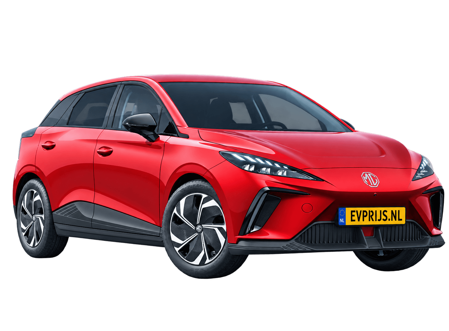 AI-bewerking (Imagegen) van officieel MG-beeld: MG4 EV voor-/zijaanzicht in Diamond Red (configuratorrender 64 kWh Premium); uitvoering en velgen kunnen afwijken, beeld 8