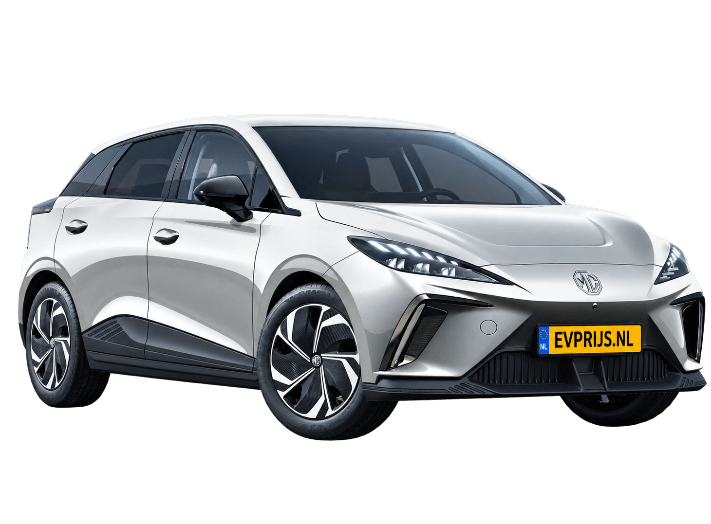 AI-bewerking (Imagegen) van officieel MG-beeld: MG4 EV voor-/zijaanzicht in Medal Silver (configuratorrender 64 kWh Premium); uitvoering en velgen kunnen afwijken, beeld 6