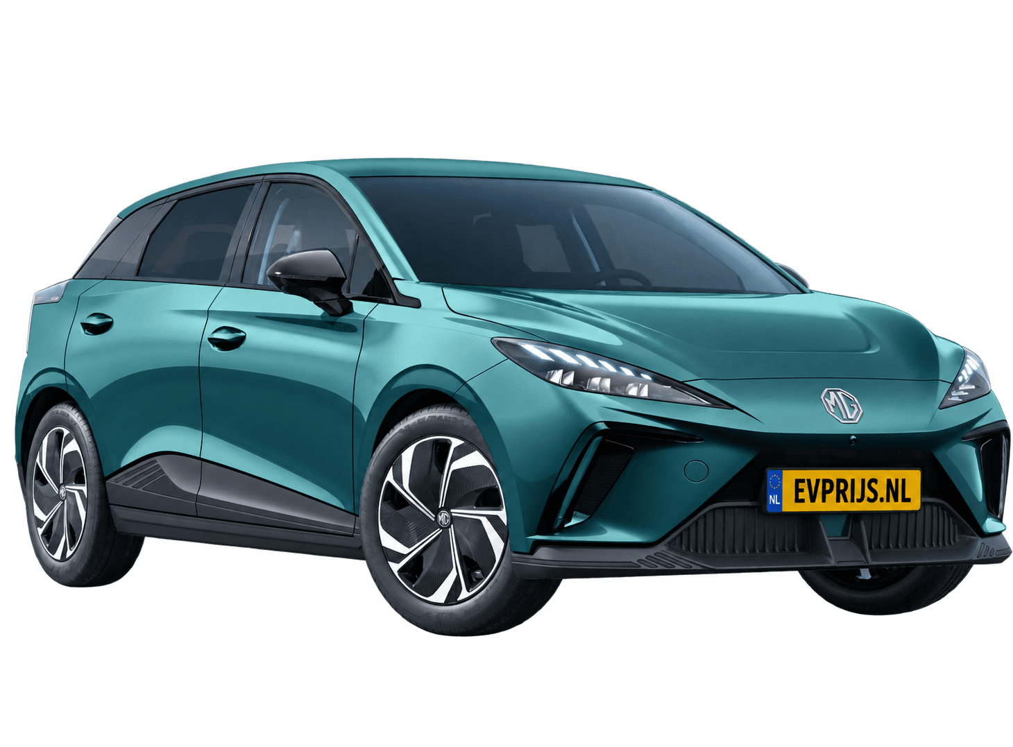 AI-bewerking (Imagegen) van officieel MG-beeld: MG4 EV voor-/zijaanzicht in Mystic Teal (configuratorrender 64 kWh Premium); uitvoering en velgen kunnen afwijken, beeld 2