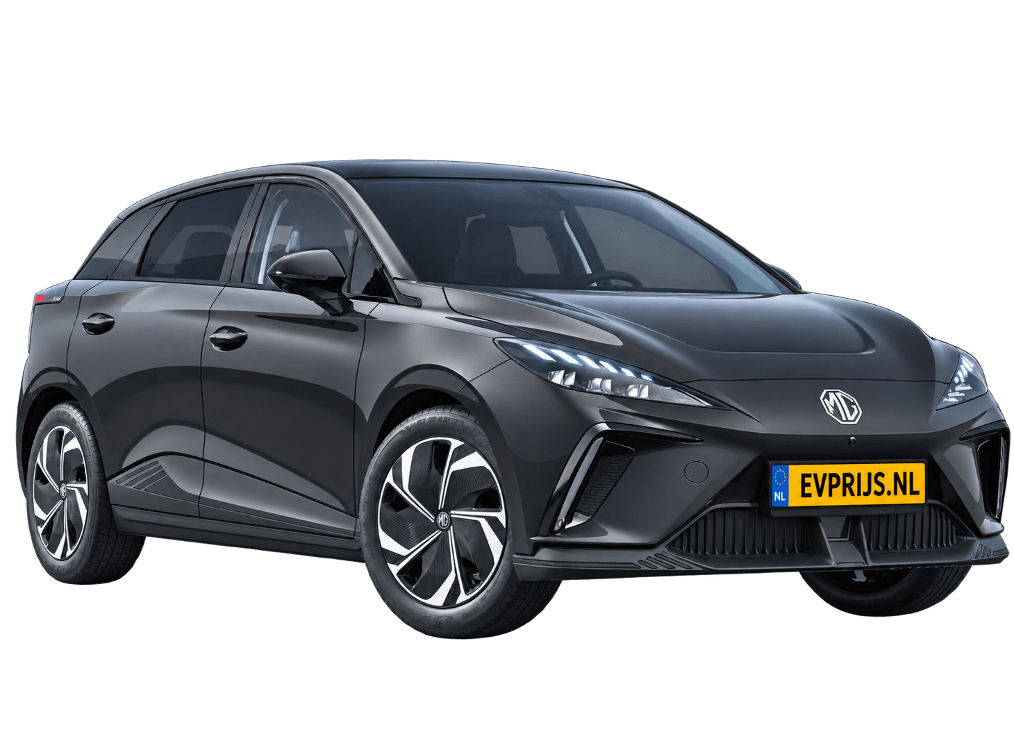 AI-bewerking (Imagegen) van officieel MG-beeld: MG4 EV voor-/zijaanzicht in Pebble Black (configuratorrender 64 kWh Premium); uitvoering en velgen kunnen afwijken, beeld 5