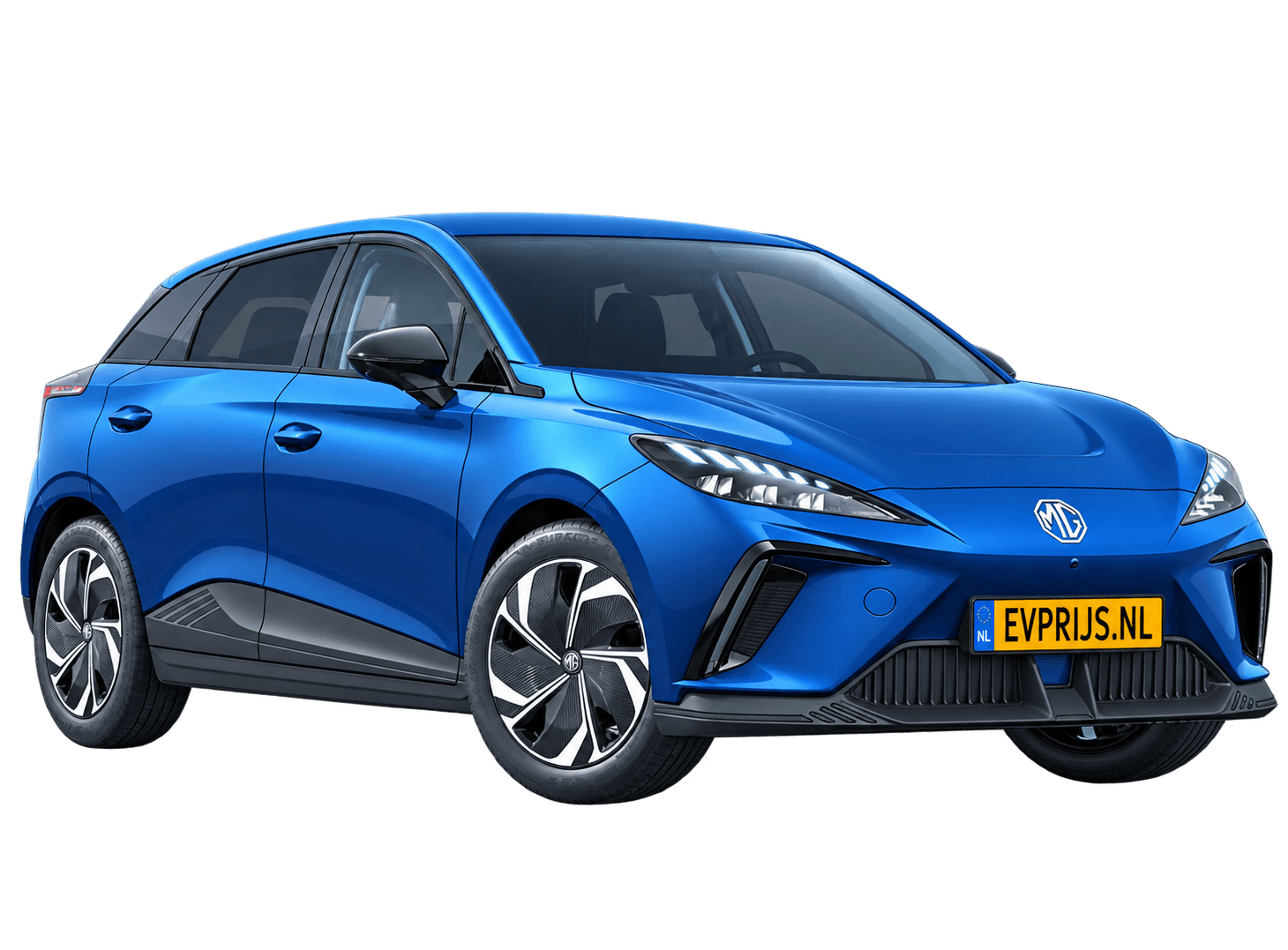AI-bewerking (Imagegen) van officieel MG-beeld: MG4 EV voor-/zijaanzicht in Piccadilly Blue (configuratorrender 64 kWh Premium); uitvoering en velgen kunnen afwijken, beeld 4