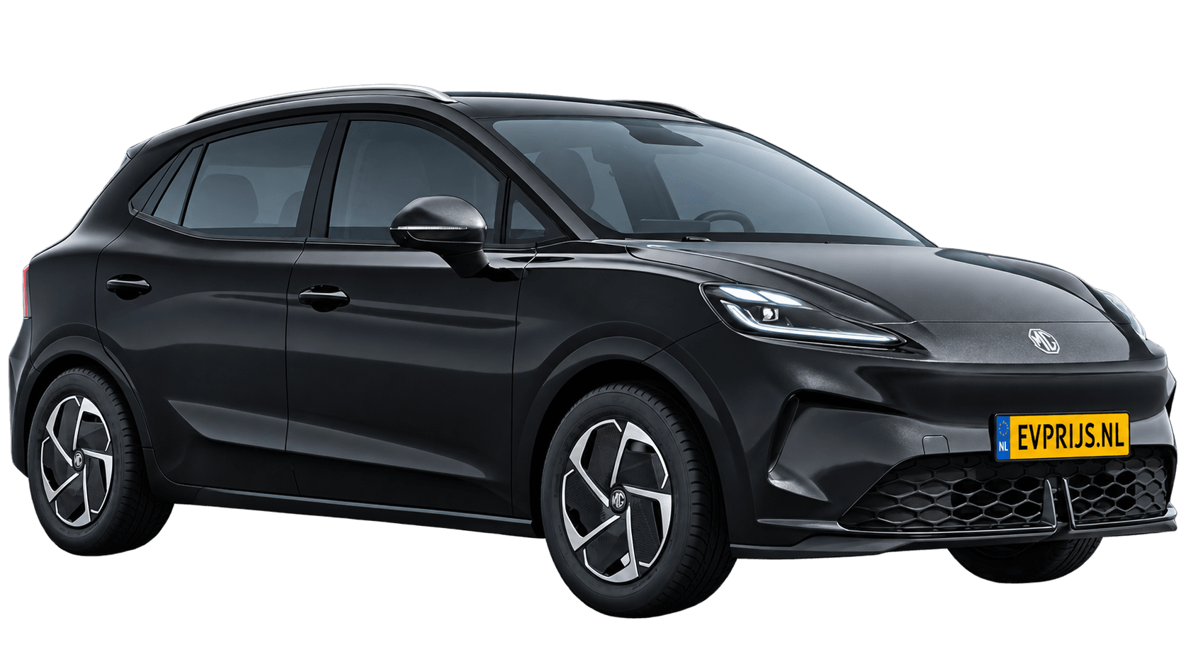 AI-bewerking (Imagegen) van officieel MG-beeld: MG4 EV Urban voor-/zijaanzicht in Pebble Black (configuratorrender 43 kWh Comfort); uitvoering en velgen kunnen afwijken, beeld 3