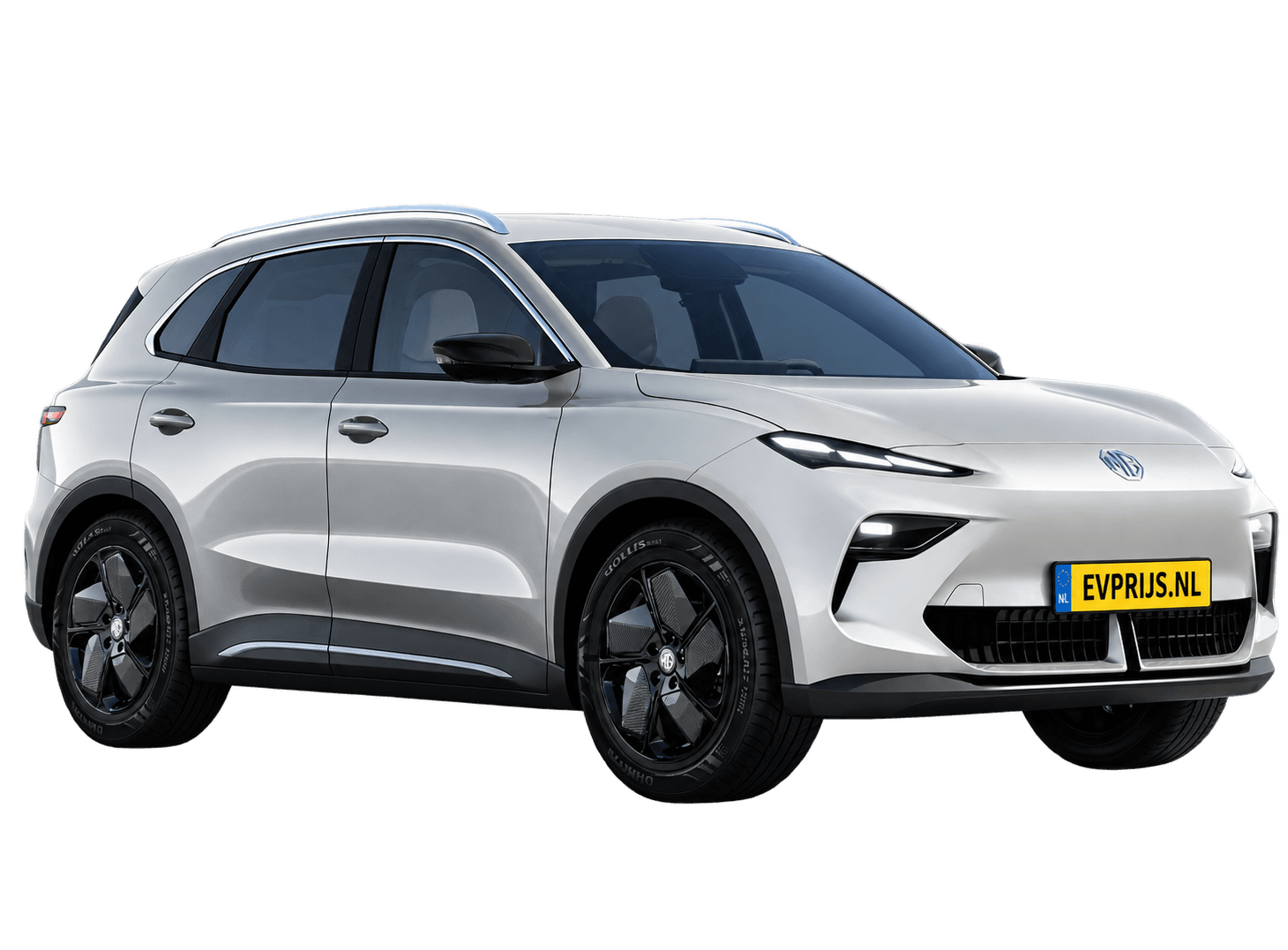 AI-bewerking (Imagegen) van officieel MG-beeld: MGS5 EV voor-/zijaanzicht in Cosmic Silver (configuratorrender Comfort); uitvoering en velgen kunnen afwijken, beeld 6