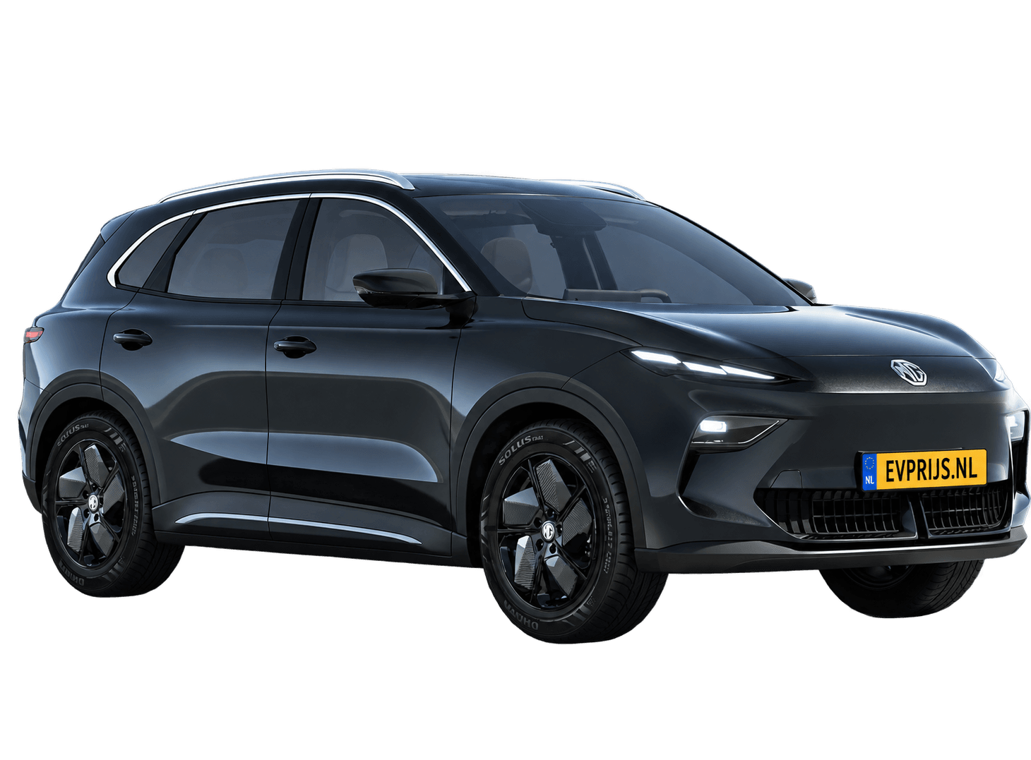 AI-bewerking (Imagegen) van officieel MG-beeld: MGS5 EV voor-/zijaanzicht in Pebble Black (configuratorrender Comfort); uitvoering en velgen kunnen afwijken, beeld 4