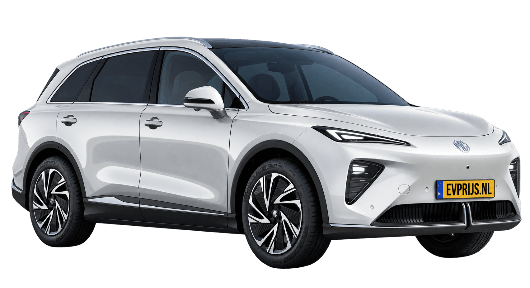 AI-bewerking (Imagegen) van officieel MG-beeld: MGS6 EV voor-/zijaanzicht in Cosmic Silver (configuratorrender Luxury Long Range); uitvoering en velgen kunnen afwijken, beeld 5