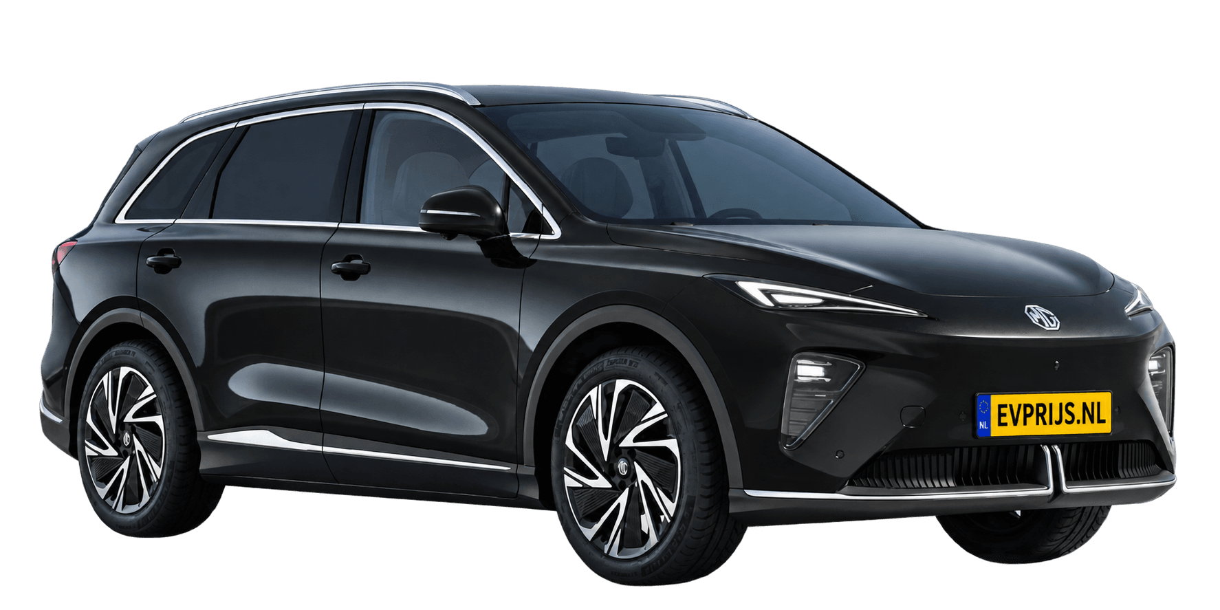 AI-bewerking (Imagegen) van officieel MG-beeld: MGS6 EV voor-/zijaanzicht in Pebble Black (configuratorrender Luxury Long Range); uitvoering en velgen kunnen afwijken, beeld 4