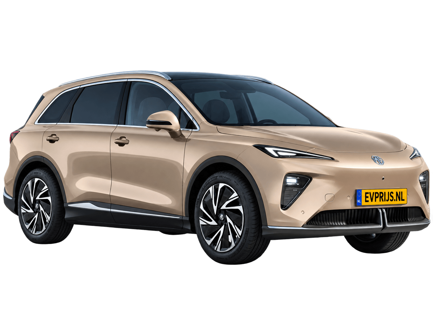 AI-bewerking (Imagegen) van officieel MG-beeld: MGS6 EV voor-/zijaanzicht in Stratford Gold (configuratorrender Luxury Long Range); uitvoering en velgen kunnen afwijken, beeld 2