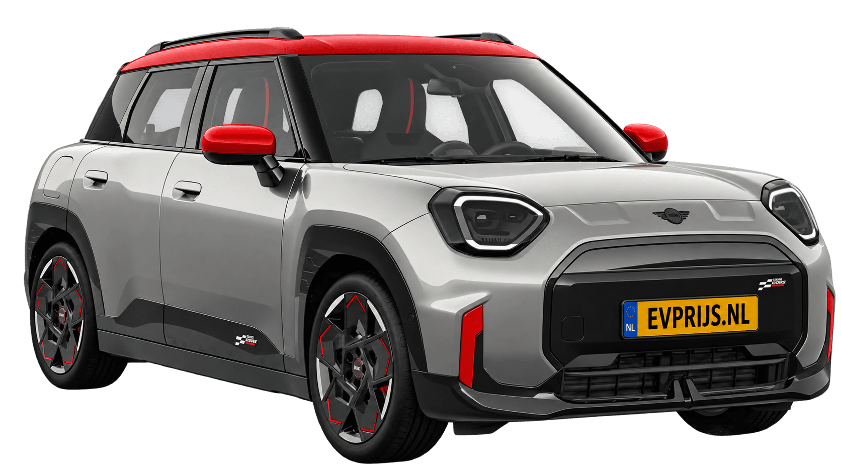 AI-bewerking (Imagegen) van officieel MINI-beeld: Aceman voor-/zijaanzicht in Melting Silver III (COSY 360°-stage van de Nederlandse MINI-configurator, achtergrond wit, Aceman JCW JCW Aceman, hoek 330°); velgen en details kunnen per uitvoering afwijken, beeld 12