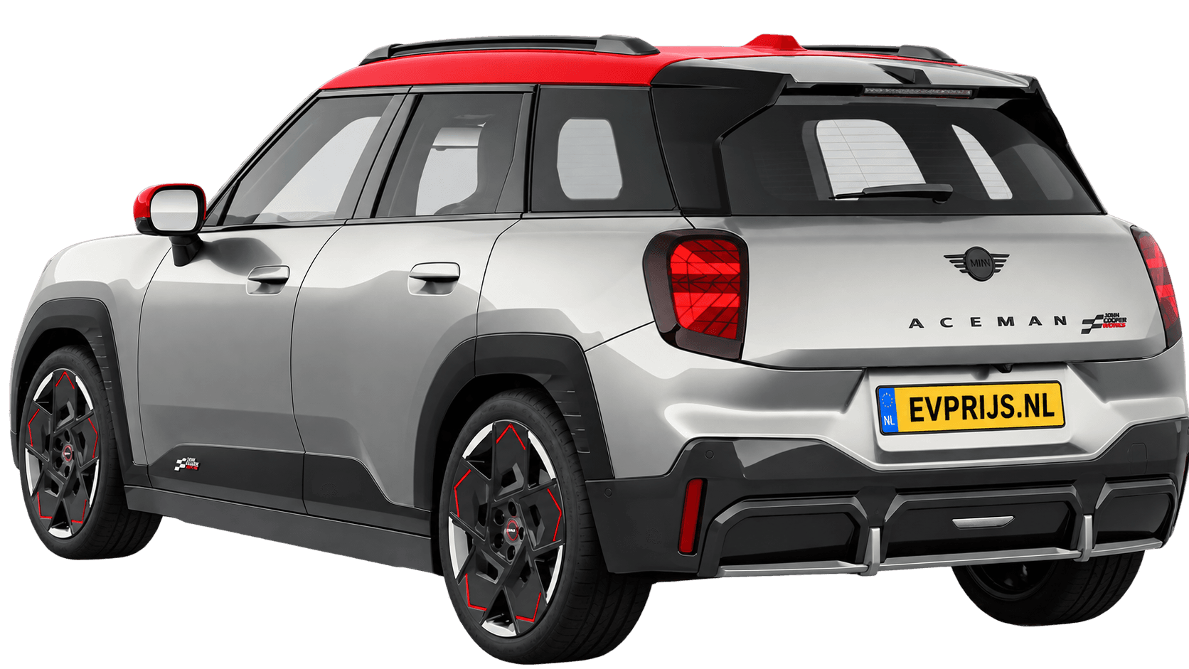 AI-bewerking (Imagegen) van officieel MINI-beeld: Aceman achter-/zijaanzicht in Melting Silver III (COSY 360°-stage van de Nederlandse MINI-configurator, achtergrond wit, Aceman JCW JCW Aceman, hoek 150°); velgen en details kunnen per uitvoering afwijken, beeld 13