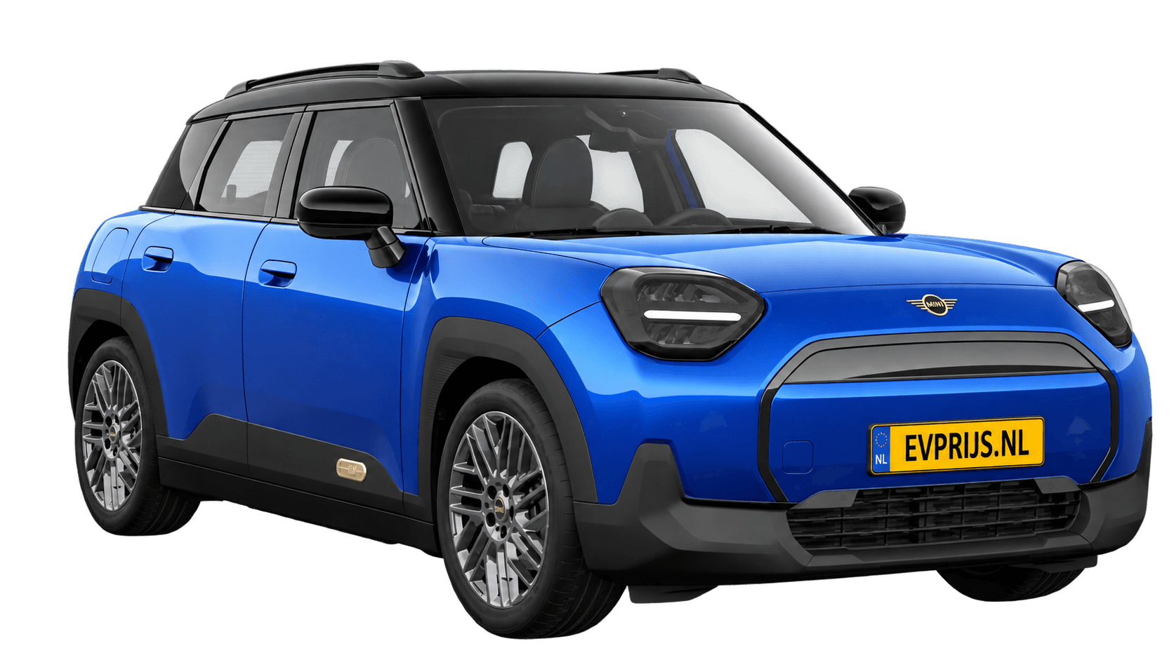 AI-bewerking (Imagegen) van officieel MINI-beeld: Aceman voor-/zijaanzicht in Blazing Blue (COSY 360°-stage van de Nederlandse MINI-configurator, achtergrond wit, Aceman Classic E, hoek 330°); velgen en details kunnen per uitvoering afwijken, beeld 6