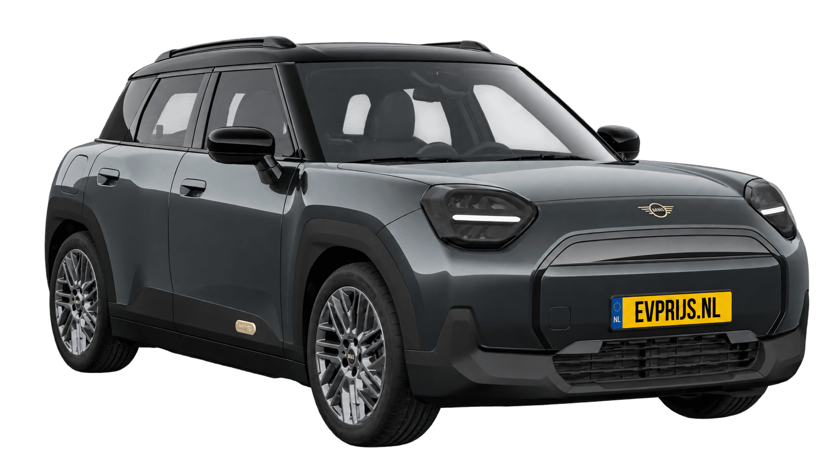 AI-bewerking (Imagegen) van officieel MINI-beeld: Aceman voor-/zijaanzicht in Legend Grey (COSY 360°-stage van de Nederlandse MINI-configurator, achtergrond wit, Aceman Classic E, hoek 330°); velgen en details kunnen per uitvoering afwijken, beeld 4