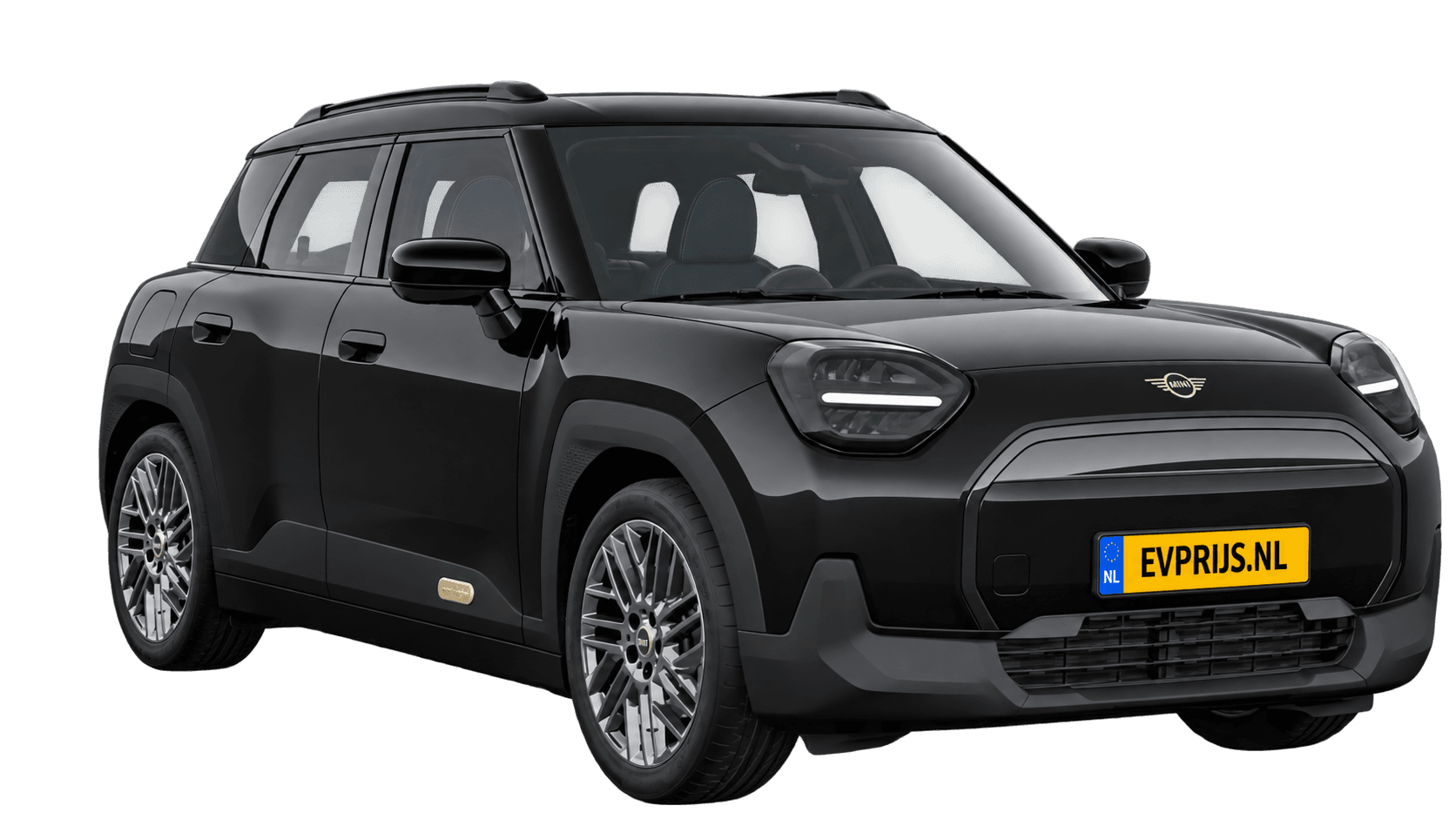AI-bewerking (Imagegen) van officieel MINI-beeld: Aceman voor-/zijaanzicht in Midnight Black (COSY 360°-stage van de Nederlandse MINI-configurator, achtergrond wit, Aceman Classic E, hoek 330°); velgen en details kunnen per uitvoering afwijken, beeld 9