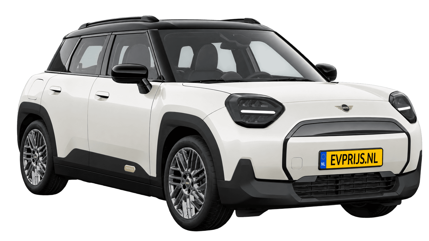 AI-bewerking (Imagegen) van officieel MINI-beeld: Aceman voor-/zijaanzicht in Nanuq White (COSY 360°-stage van de Nederlandse MINI-configurator, achtergrond wit, Aceman Classic E, hoek 330°); velgen en details kunnen per uitvoering afwijken, beeld 8