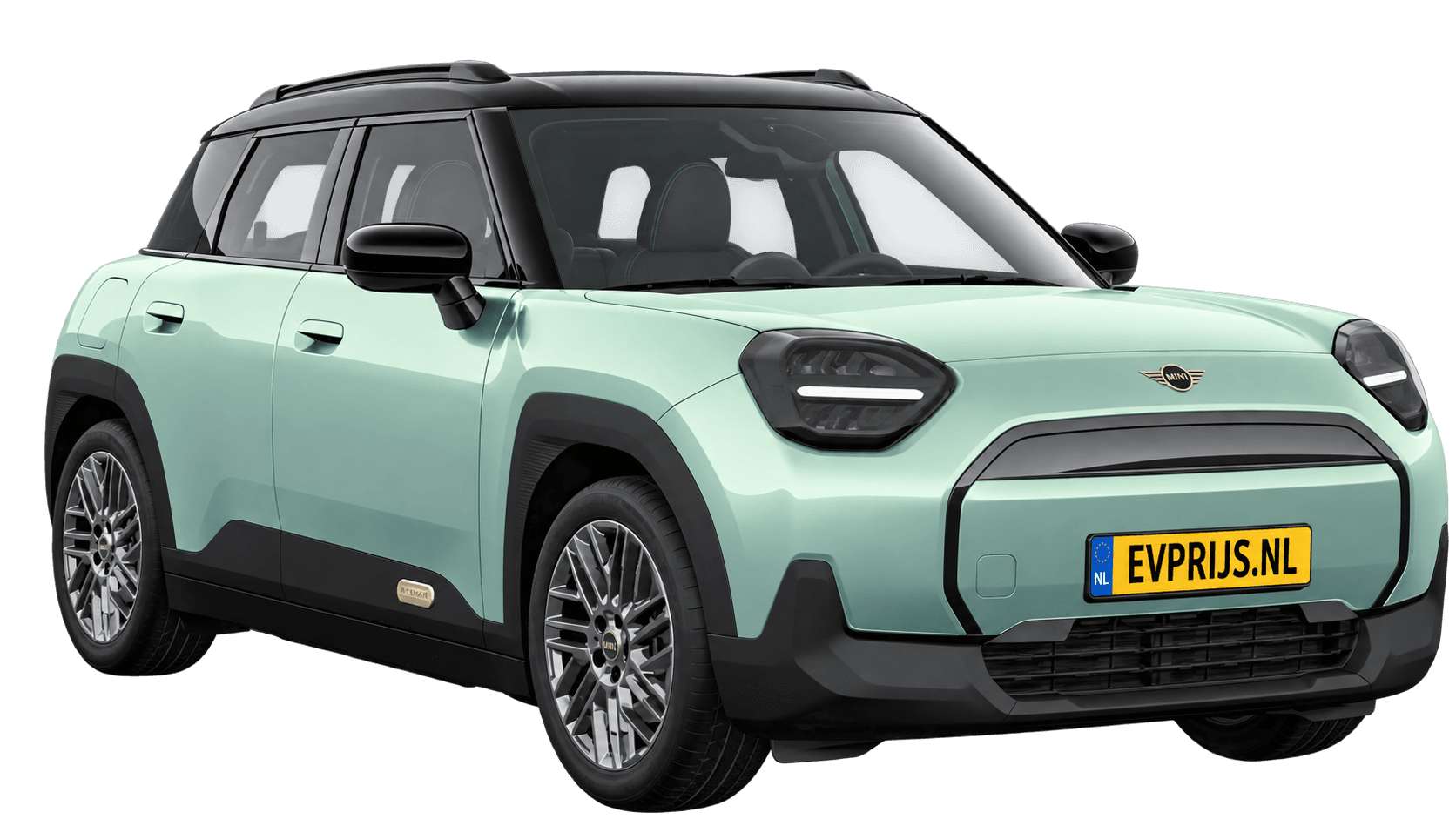 AI-bewerking (Imagegen) van officieel MINI-beeld: Aceman voor-/zijaanzicht in Ocean Wave Green (COSY 360°-stage van de Nederlandse MINI-configurator, achtergrond wit, Aceman Classic E, hoek 330°); velgen en details kunnen per uitvoering afwijken, beeld 5