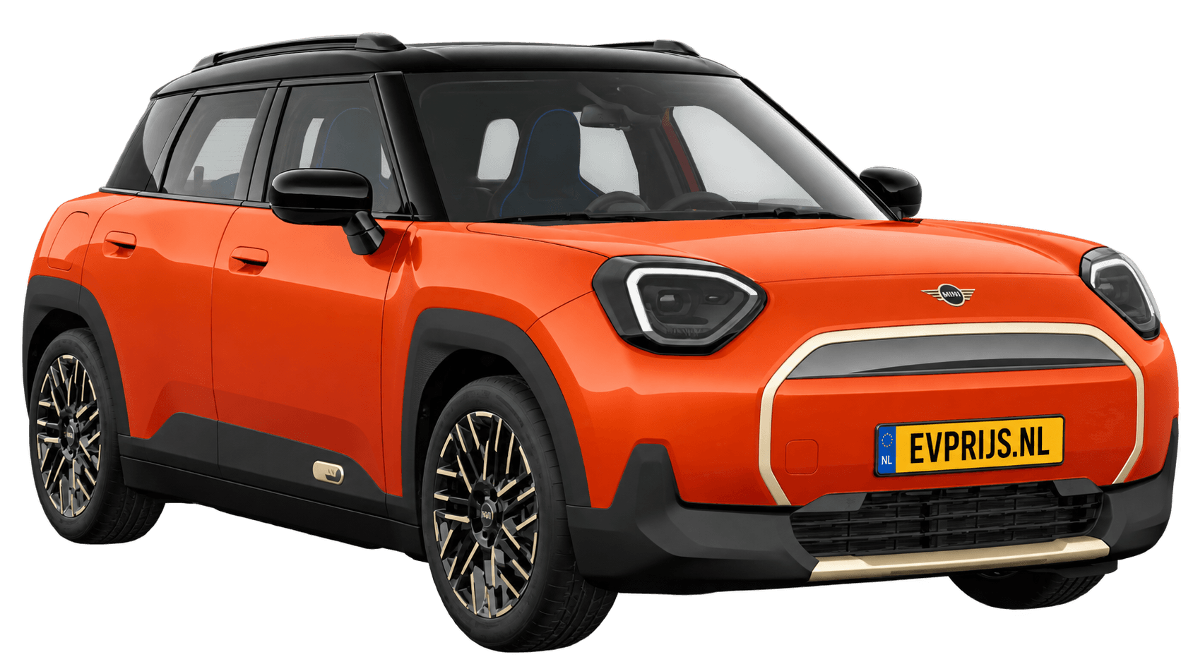 AI-bewerking (Imagegen) van officieel MINI-beeld: Aceman voor-/zijaanzicht in Rebel Red (COSY 360°-stage van de Nederlandse MINI-configurator, achtergrond wit, Aceman Favoured E, hoek 330°); velgen en details kunnen per uitvoering afwijken, beeld 11