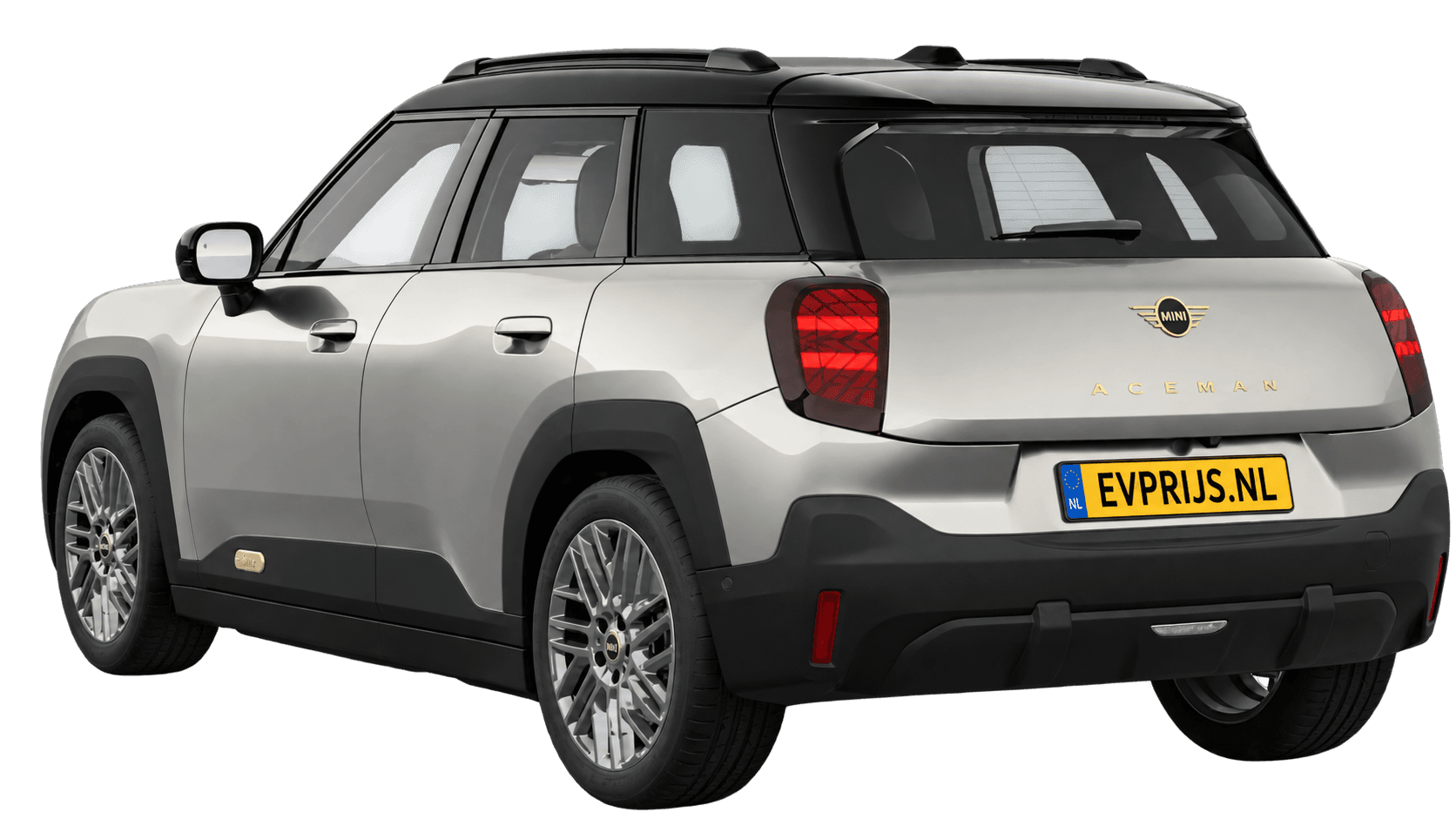 AI-bewerking (Imagegen) van officieel MINI-beeld: Aceman achter-/zijaanzicht in Melting Silver III (COSY 360°-stage van de Nederlandse MINI-configurator, achtergrond wit, Aceman Classic E, hoek 150°); velgen en details kunnen per uitvoering afwijken, beeld 2
