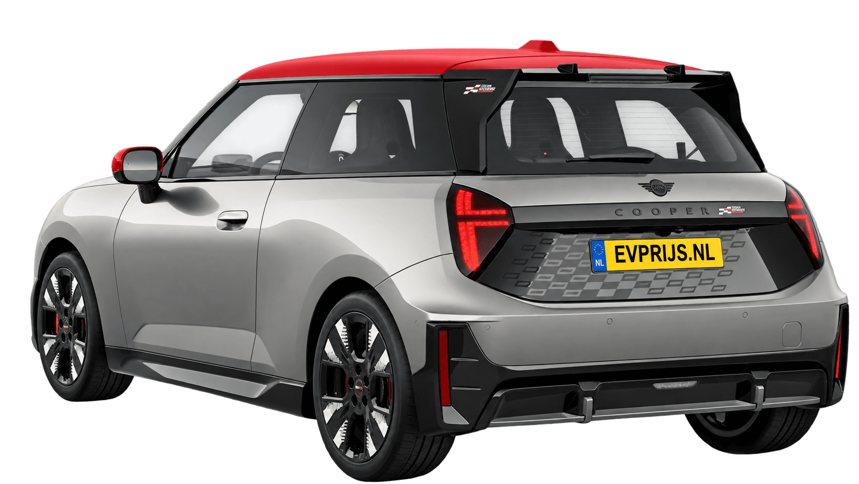 AI-bewerking (Imagegen) van officieel MINI-beeld: Cooper Electric achter-/zijaanzicht in Melting Silver III (COSY 360°-stage van de Nederlandse MINI-configurator, achtergrond wit, Cooper Electric JCW JCW Electric, hoek 150°); velgen en details kunnen per uitvoering afwijken, beeld 13