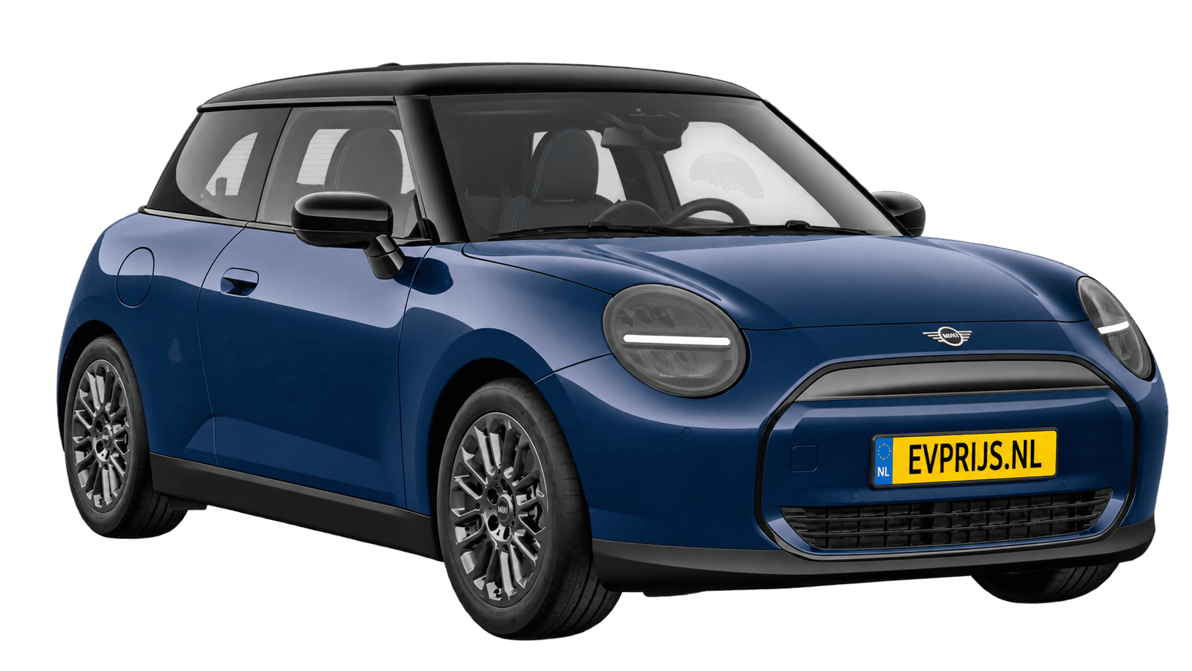 AI-bewerking (Imagegen) van officieel MINI-beeld: Cooper Electric voor-/zijaanzicht in Indigo Sunset Blue (COSY 360°-stage van de Nederlandse MINI-configurator, achtergrond wit, Cooper Electric Classic E, hoek 330°); velgen en details kunnen per uitvoering afwijken, beeld 8