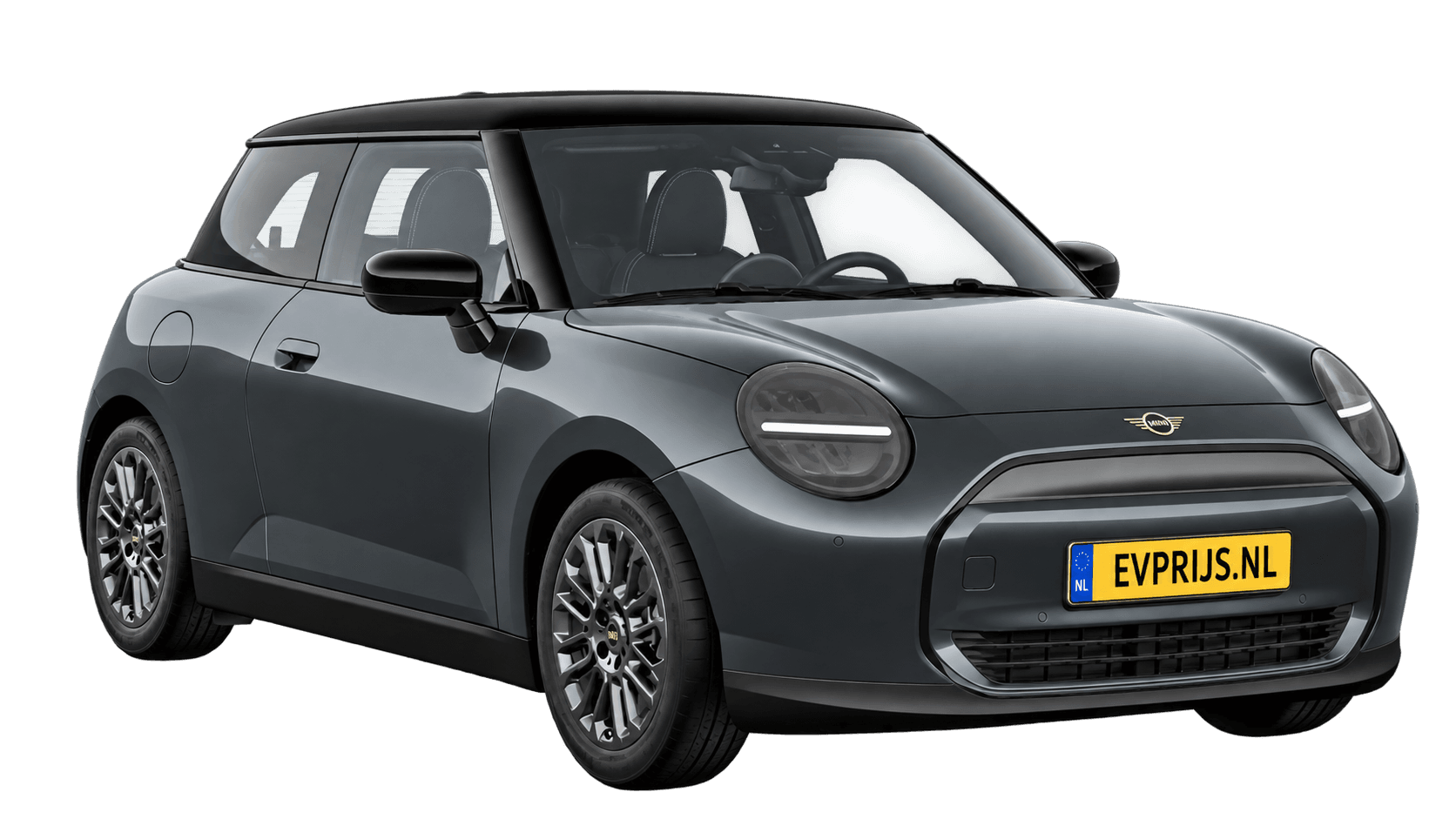 AI-bewerking (Imagegen) van officieel MINI-beeld: Cooper Electric voor-/zijaanzicht in Legend Grey (COSY 360°-stage van de Nederlandse MINI-configurator, achtergrond wit, Cooper Electric Classic E, hoek 330°); velgen en details kunnen per uitvoering afwijken, beeld 5