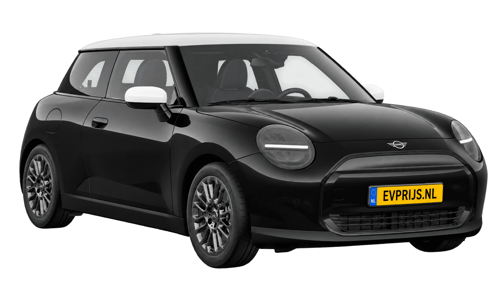 AI-bewerking (Imagegen) van officieel MINI-beeld: Cooper Electric voor-/zijaanzicht in Midnight Black (COSY 360°-stage van de Nederlandse MINI-configurator, achtergrond wit, Cooper Electric Classic E, hoek 330°); velgen en details kunnen per uitvoering afwijken, beeld 10