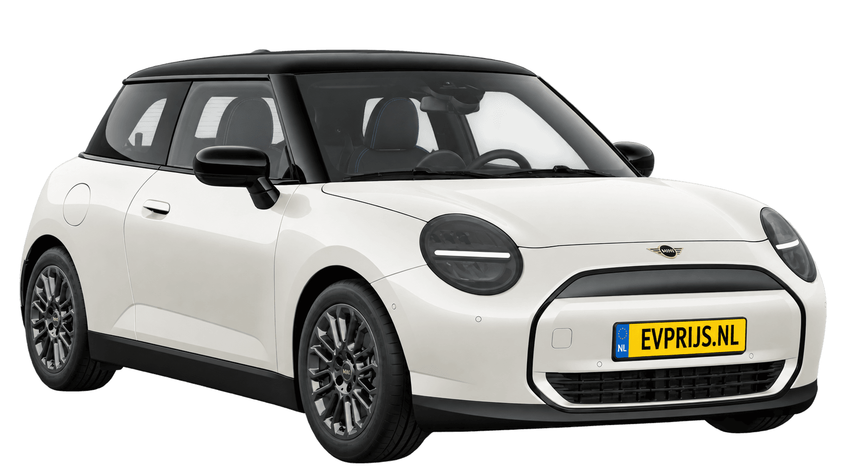 AI-bewerking (Imagegen) van officieel MINI-beeld: Cooper Electric voor-/zijaanzicht in Nanuq White (COSY 360°-stage van de Nederlandse MINI-configurator, achtergrond wit, Cooper Electric Classic E, hoek 330°); velgen en details kunnen per uitvoering afwijken, beeld 9