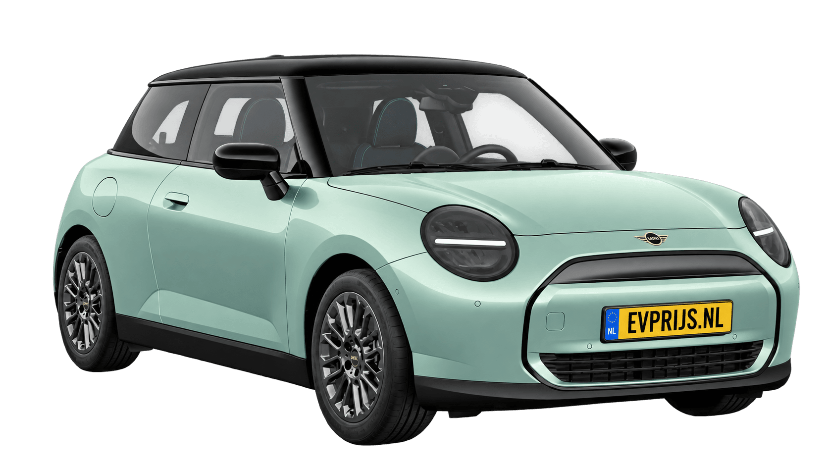AI-bewerking (Imagegen) van officieel MINI-beeld: Cooper Electric voor-/zijaanzicht in Ocean Wave Green (COSY 360°-stage van de Nederlandse MINI-configurator, achtergrond wit, Cooper Electric Classic E, hoek 330°); velgen en details kunnen per uitvoering afwijken, beeld 6