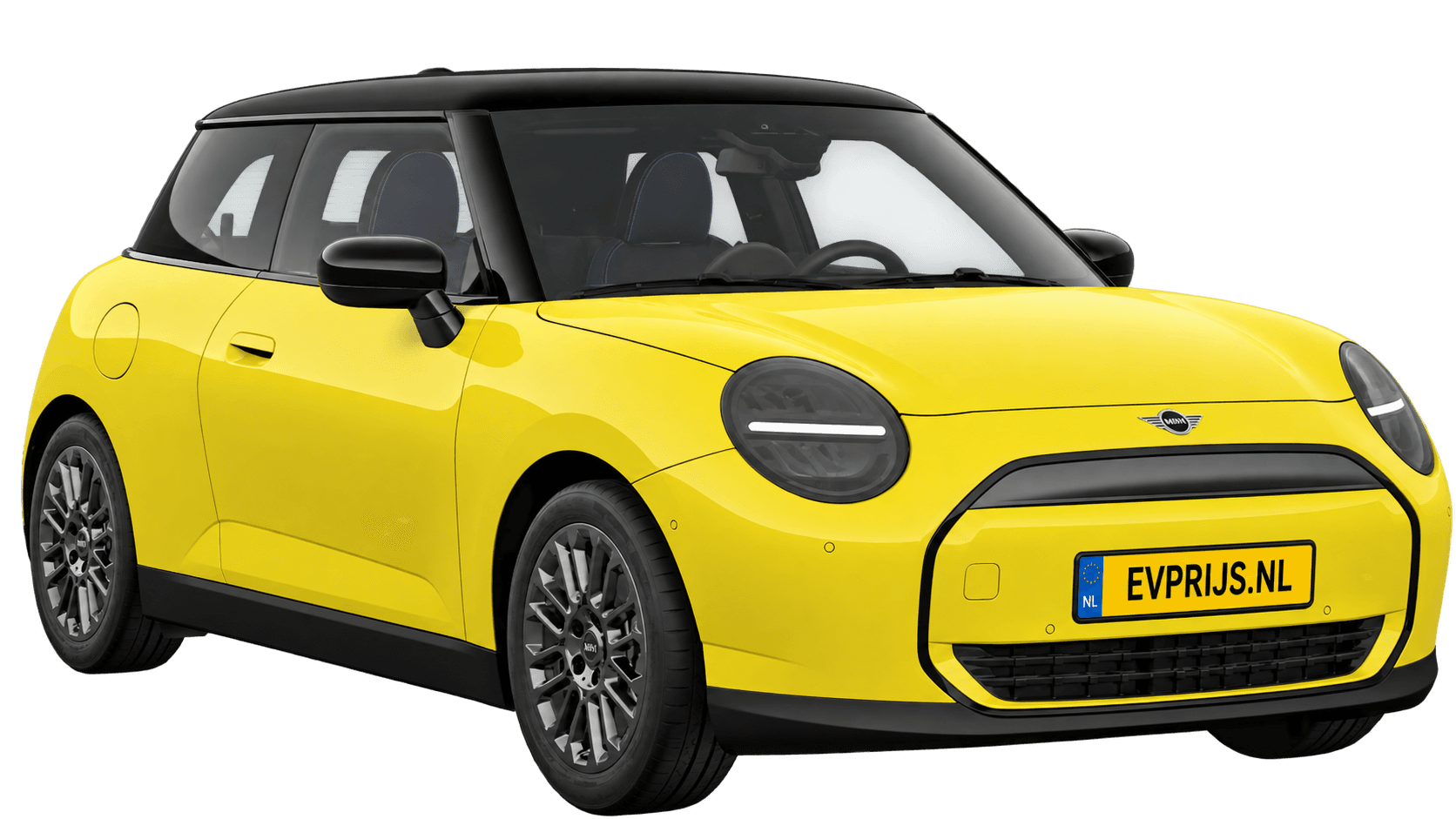 AI-bewerking (Imagegen) van officieel MINI-beeld: Cooper Electric voor-/zijaanzicht in Sunny Side Yellow (COSY 360°-stage van de Nederlandse MINI-configurator, achtergrond wit, Cooper Electric Classic E, hoek 330°); velgen en details kunnen per uitvoering afwijken, beeld 3