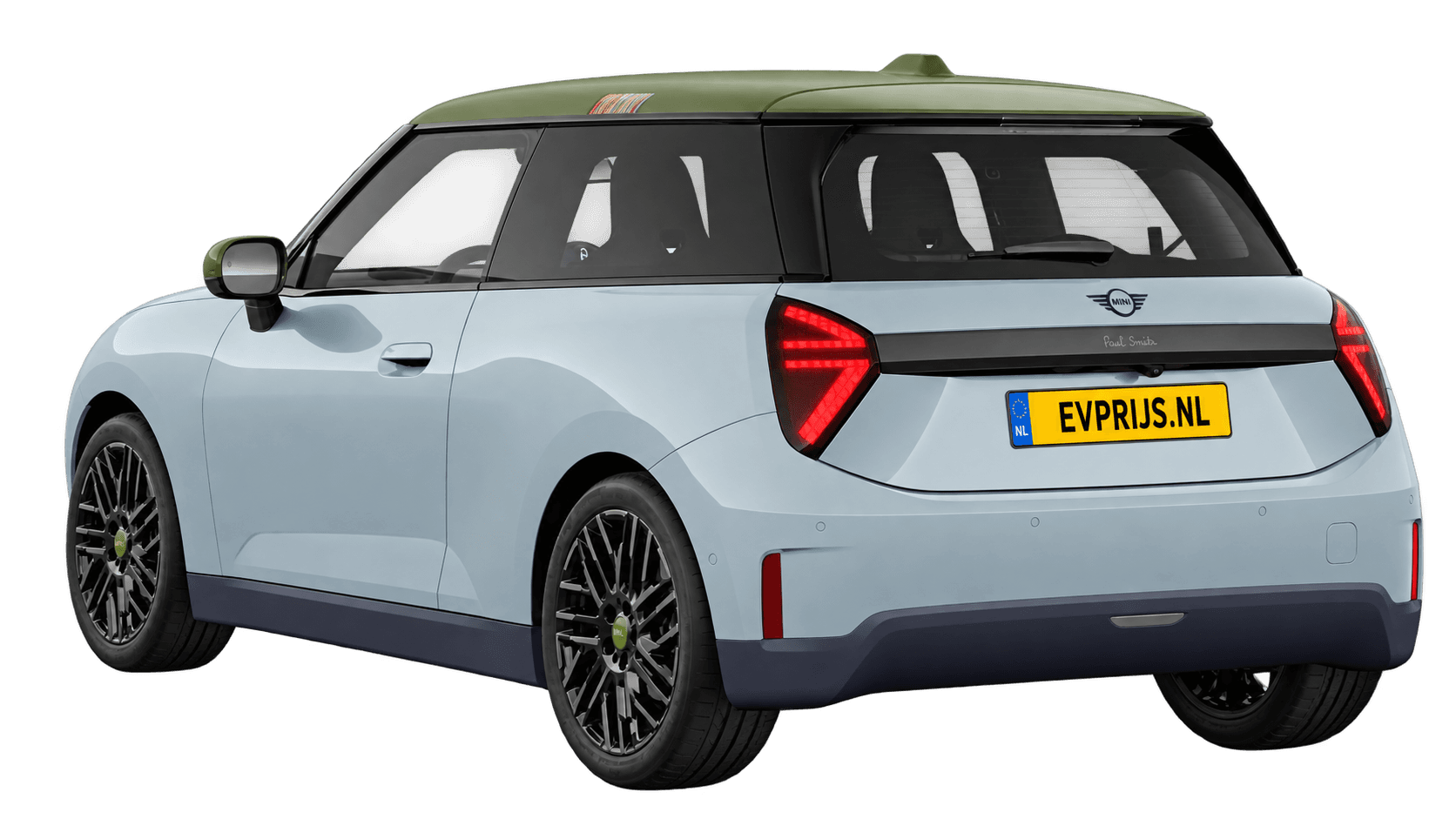 AI-bewerking (Imagegen) van officieel MINI-beeld: Cooper Electric achter-/zijaanzicht in Statement Grey (COSY 360°-stage van de Nederlandse MINI-configurator, achtergrond wit, Cooper Electric Paul Smith Edition E, hoek 150°); velgen en details kunnen per uitvoering afwijken, beeld 15