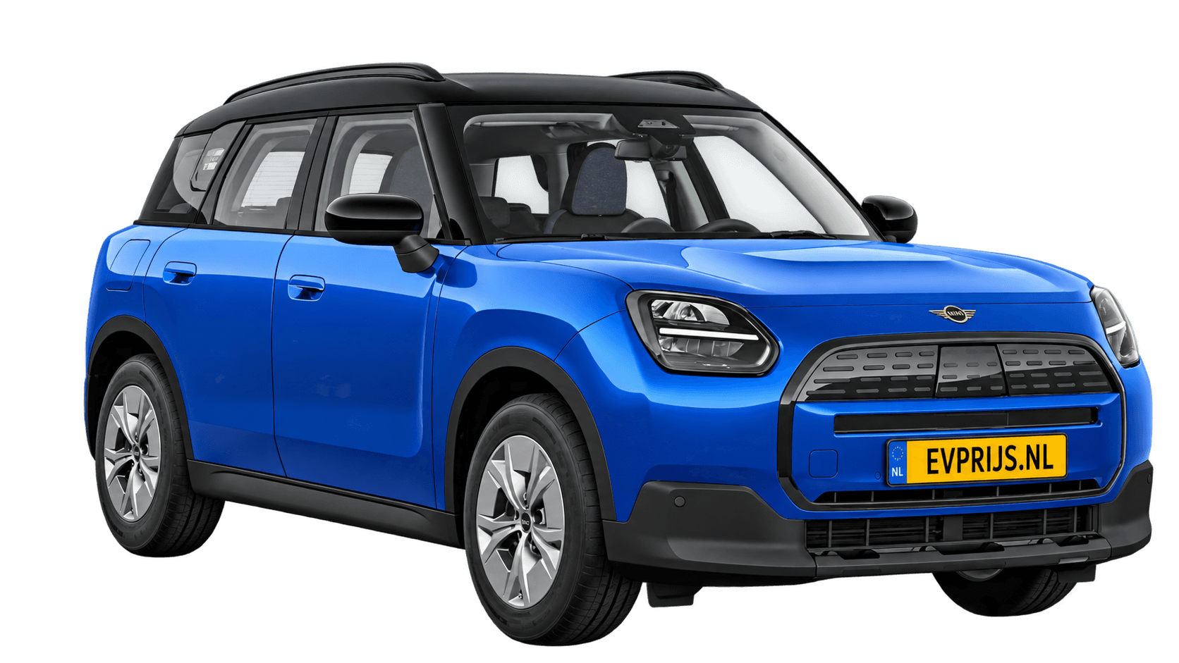 AI-bewerking (Imagegen) van officieel MINI-beeld: Countryman Electric voor-/zijaanzicht in Blazing Blue (COSY 360°-stage van de Nederlandse MINI-configurator, achtergrond wit, Countryman Electric Classic E, hoek 330°); velgen en details kunnen per uitvoering afwijken, beeld 7