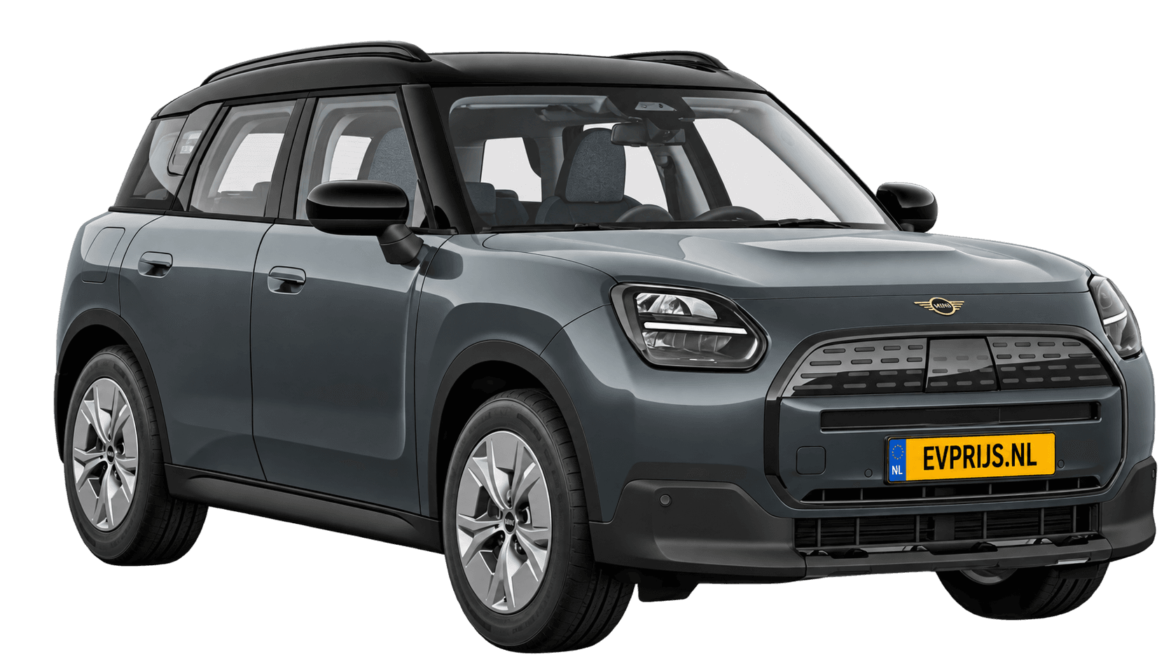 AI-bewerking (Imagegen) van officieel MINI-beeld: Countryman Electric voor-/zijaanzicht in Legend Grey (COSY 360°-stage van de Nederlandse MINI-configurator, achtergrond wit, Countryman Electric Classic E, hoek 330°); velgen en details kunnen per uitvoering afwijken, beeld 5