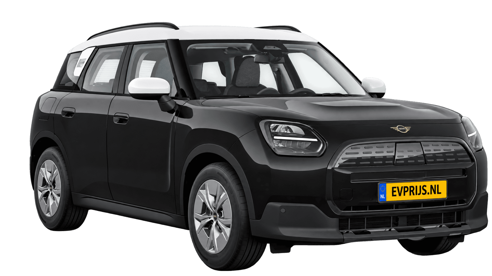 AI-bewerking (Imagegen) van officieel MINI-beeld: Countryman Electric voor-/zijaanzicht in Midnight Black (COSY 360°-stage van de Nederlandse MINI-configurator, achtergrond wit, Countryman Electric Classic E, hoek 330°); velgen en details kunnen per uitvoering afwijken, beeld 10