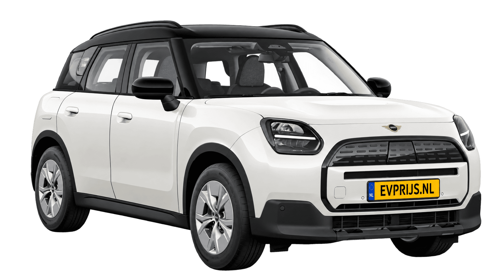 AI-bewerking (Imagegen) van officieel MINI-beeld: Countryman Electric voor-/zijaanzicht in Nanuq White (COSY 360°-stage van de Nederlandse MINI-configurator, achtergrond wit, Countryman Electric Classic E, hoek 330°); velgen en details kunnen per uitvoering afwijken, beeld 9
