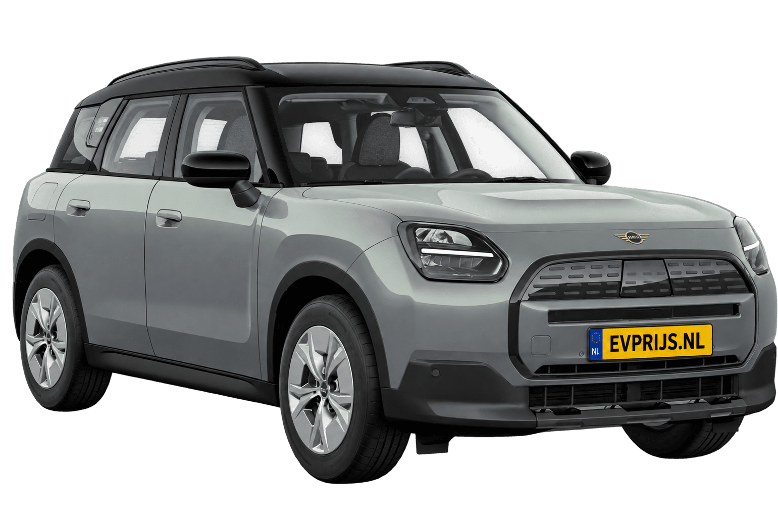 AI-bewerking (Imagegen) van officieel MINI-beeld: Countryman Electric voor-/zijaanzicht in Smokey Green (COSY 360°-stage van de Nederlandse MINI-configurator, achtergrond wit, Countryman Electric Classic E, hoek 330°); velgen en details kunnen per uitvoering afwijken, beeld 6